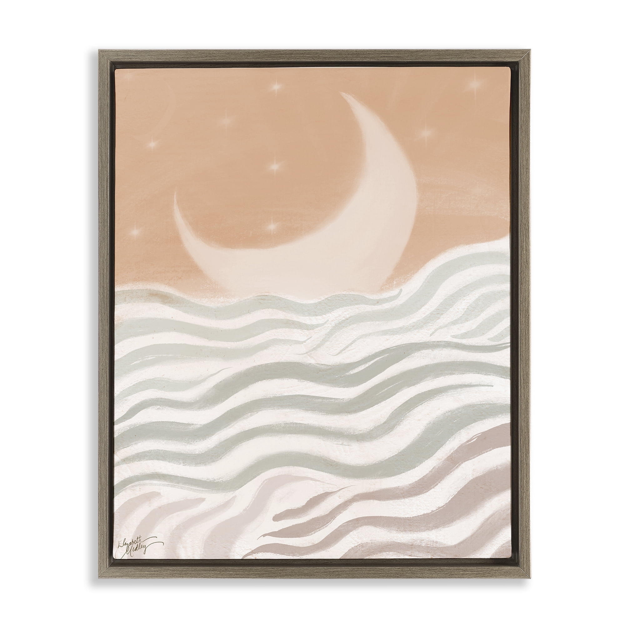 Stupell Industries Crescent Moon over Sea Landscape & Nature Painting Brown Floater Framed Canvas Art Print Wall Art, 25 x 31