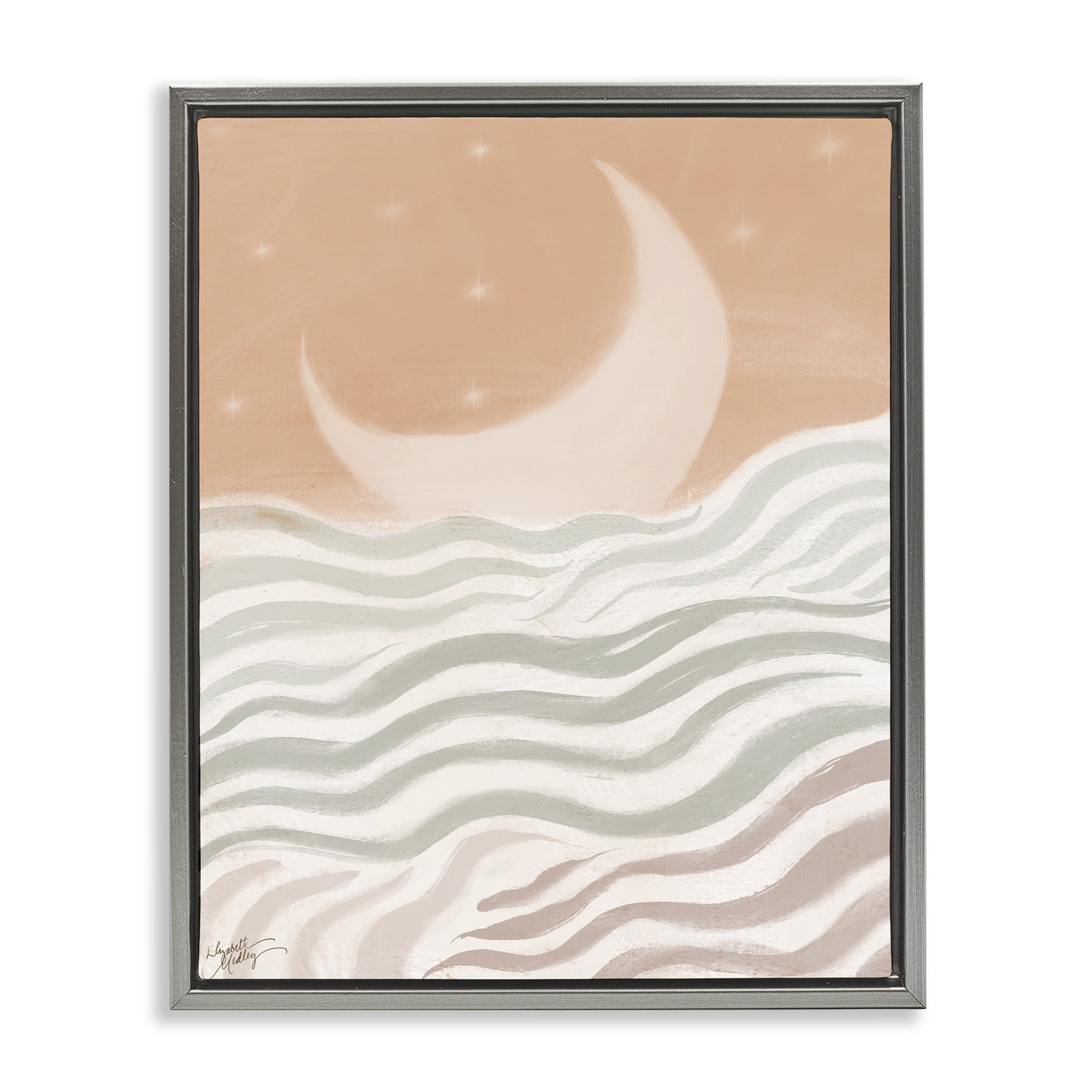 Stupell Industries Crescent Moon over Sea Landscape & Nature Painting Gray Floater Framed Canvas Art Print Wall Art, 25 x 31