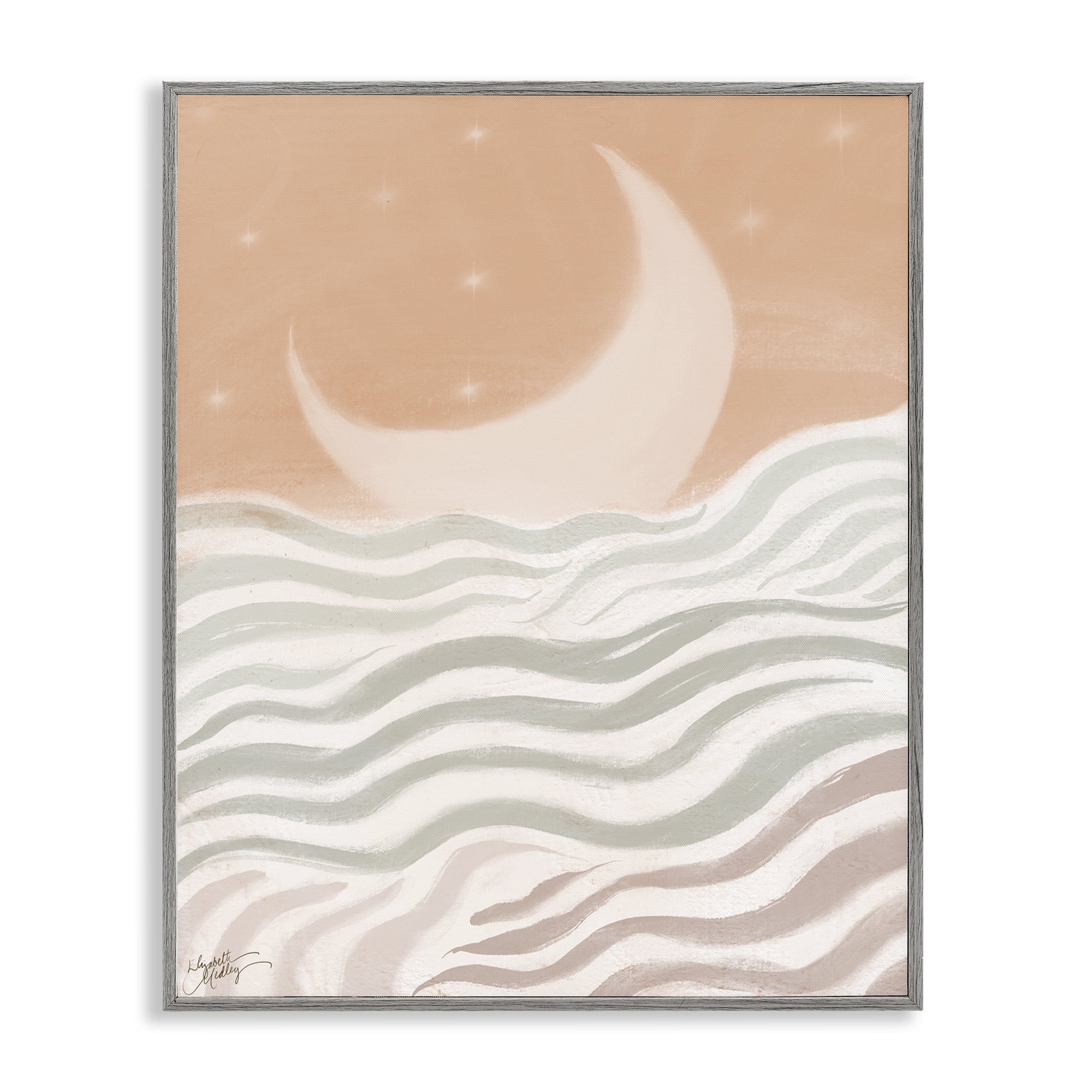 Stupell Industries Crescent Moon over Sea Landscape & Nature Painting Gray Framed Art Print Wall Art, 11 x 14