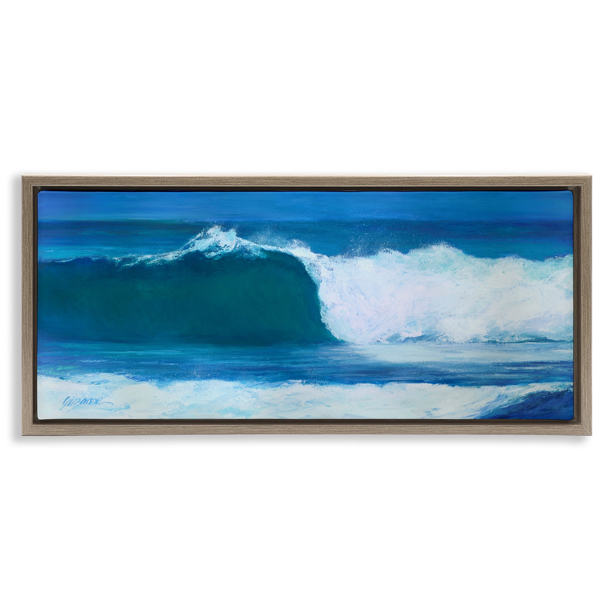 Stupell Industries Crested Beach Wave Nature Painting Brown Floater Framed Canvas Art Print Wall Art, 31 x 14