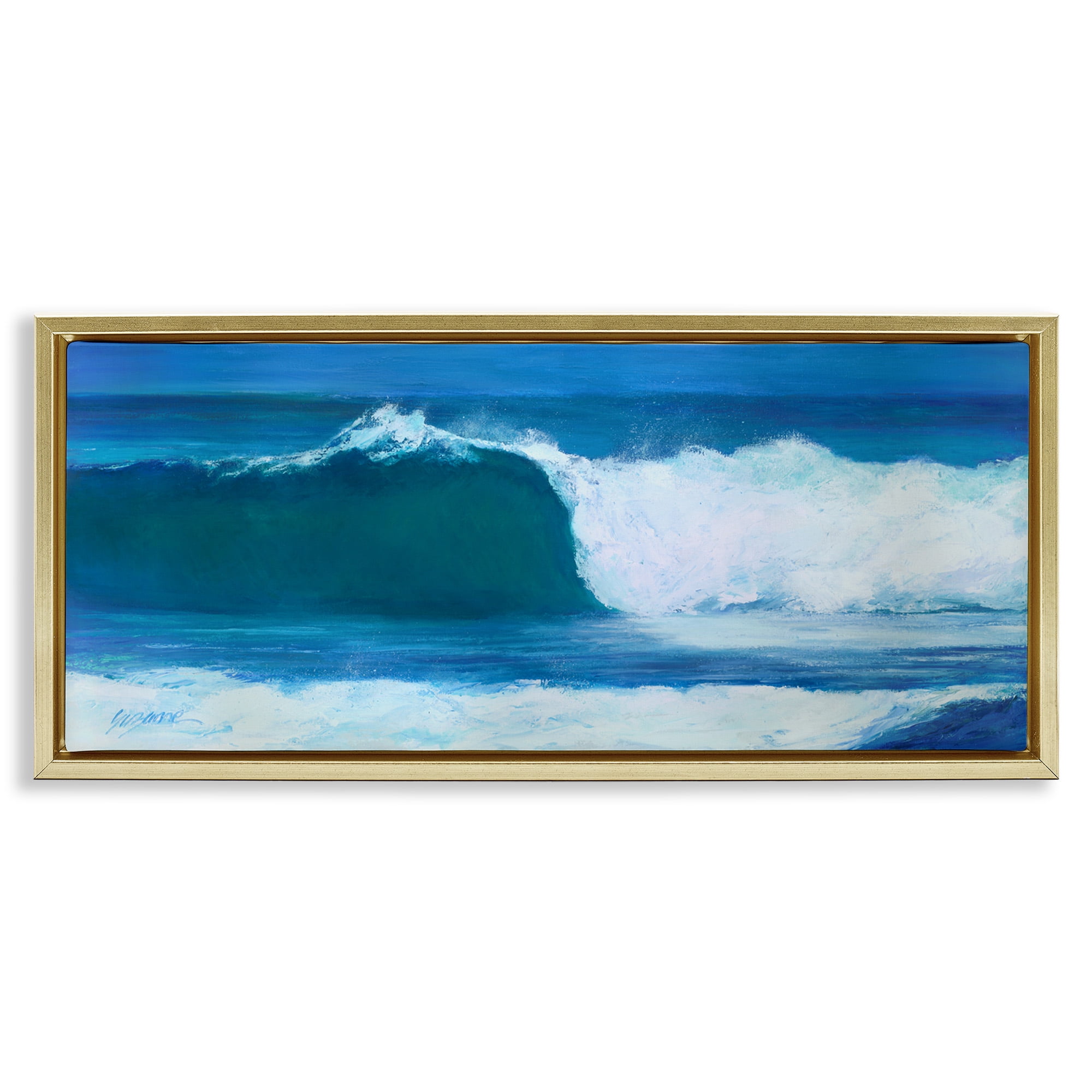 Stupell Industries Crested Beach Wave Nature Painting Gold Floater Framed Canvas Art Print Wall Art, 25 x 11