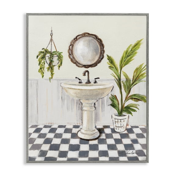 Stupell Industries Crisp Bathroom with Plants Bath & Laundry Painting Gray Framed Art Print Wall Art, 16 x 20