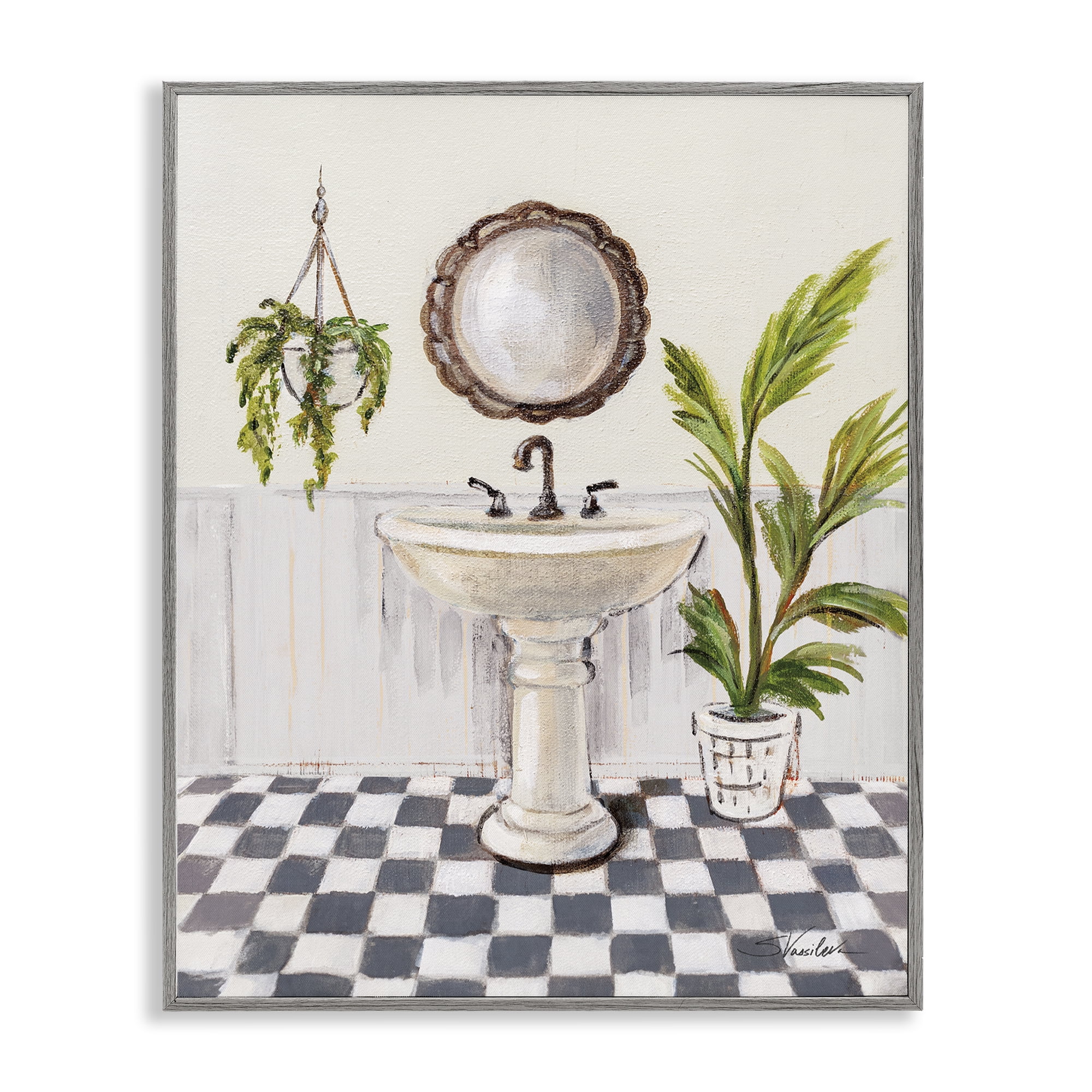 Stupell Industries Crisp Bathroom with Plants Bath & Laundry Painting Gray Framed Art Print Wall Art, 24 x 30