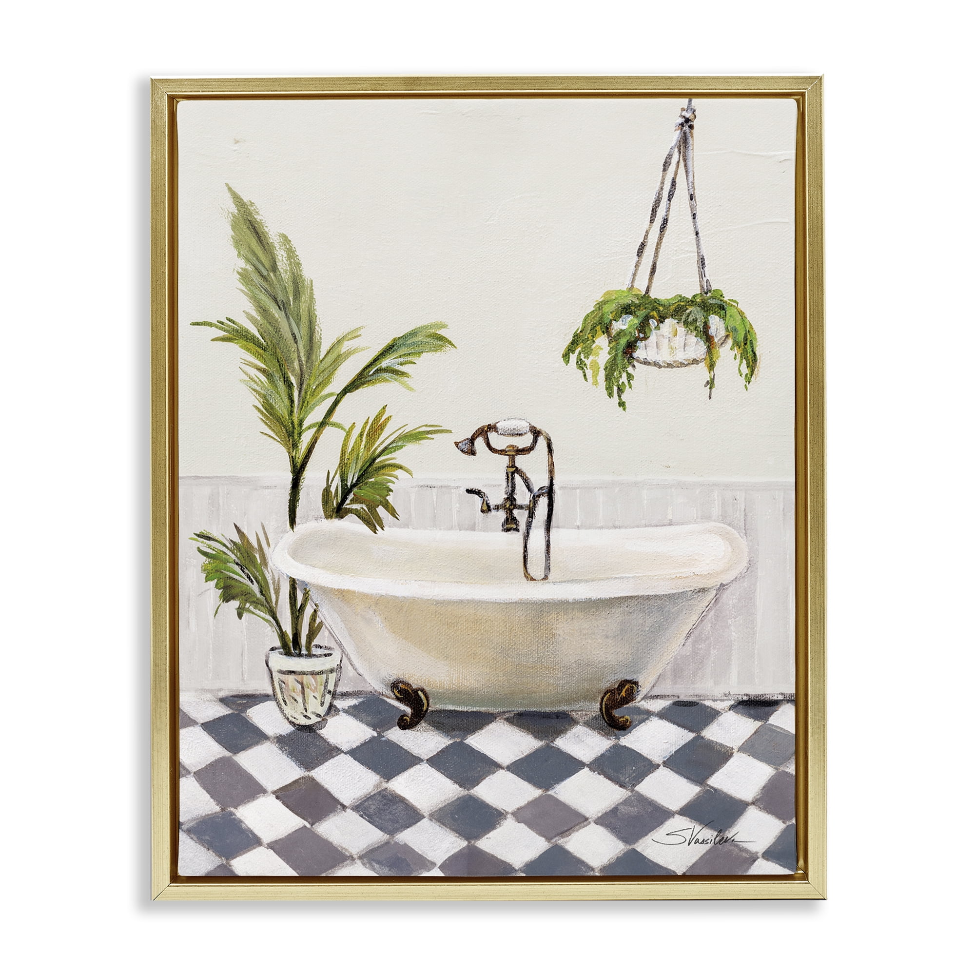 Stupell Industries Crisp Cottage Bathroom Bath & Laundry Painting Gold Floater Framed Canvas Art Print Wall Art, 17 x 21