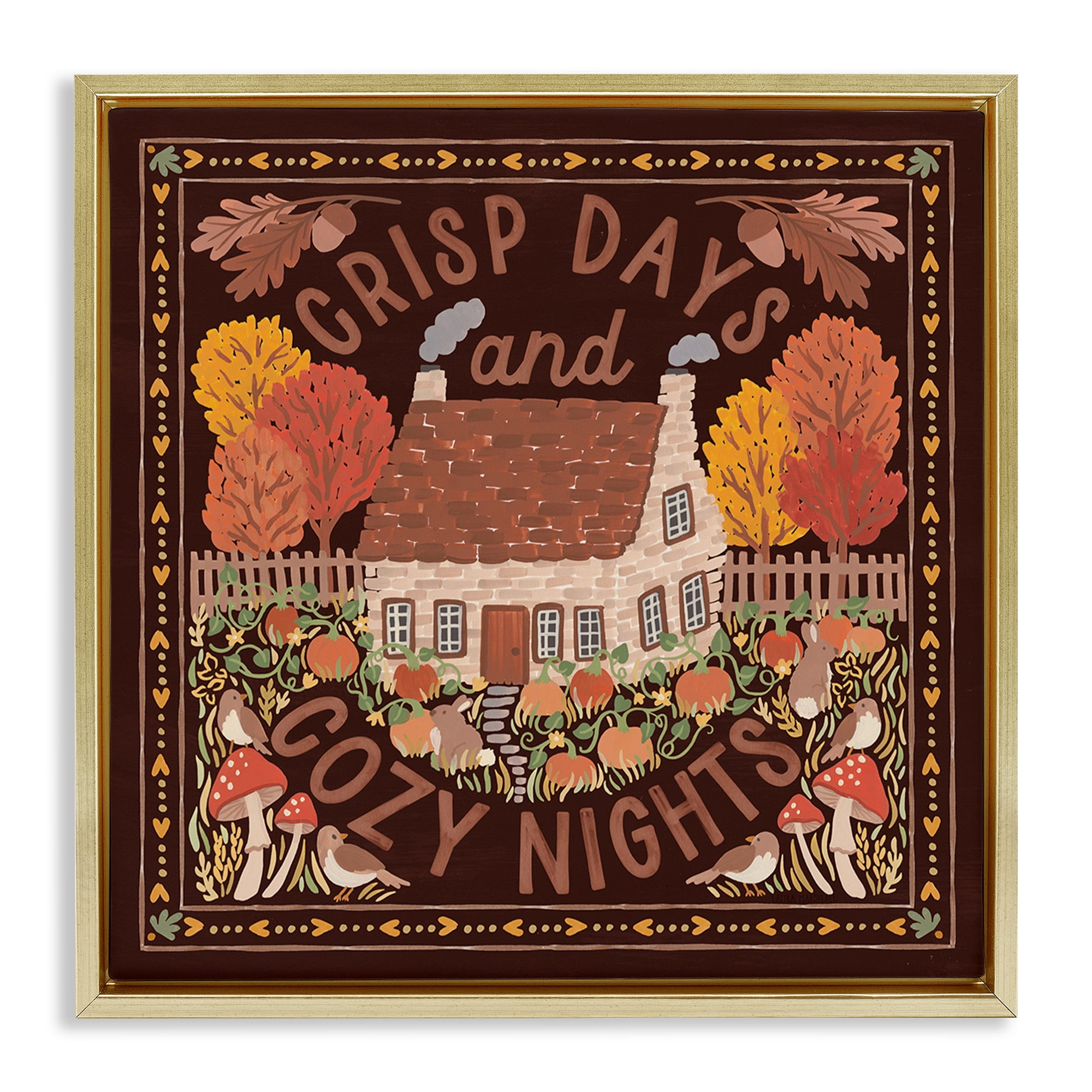 Stupell Industries Crisp Days Fall Phrase Landscape Painting Gold Floater Framed Art Print Wall Art, 18 x 18