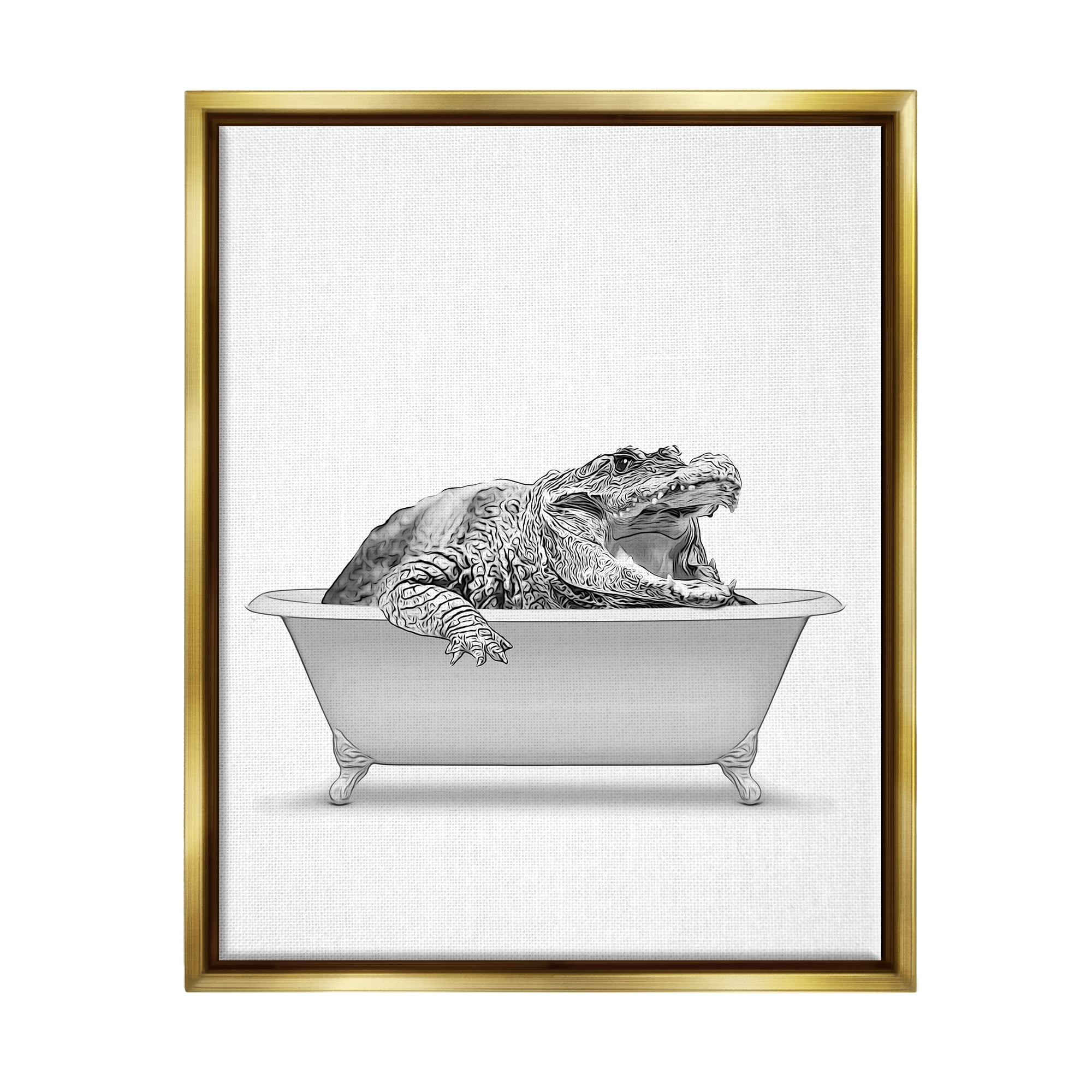 Stupell Industries Crocodile Bathroom Wildlife Tub Animals & Insects Painting Gold Floater Framed Art Print Wall Art