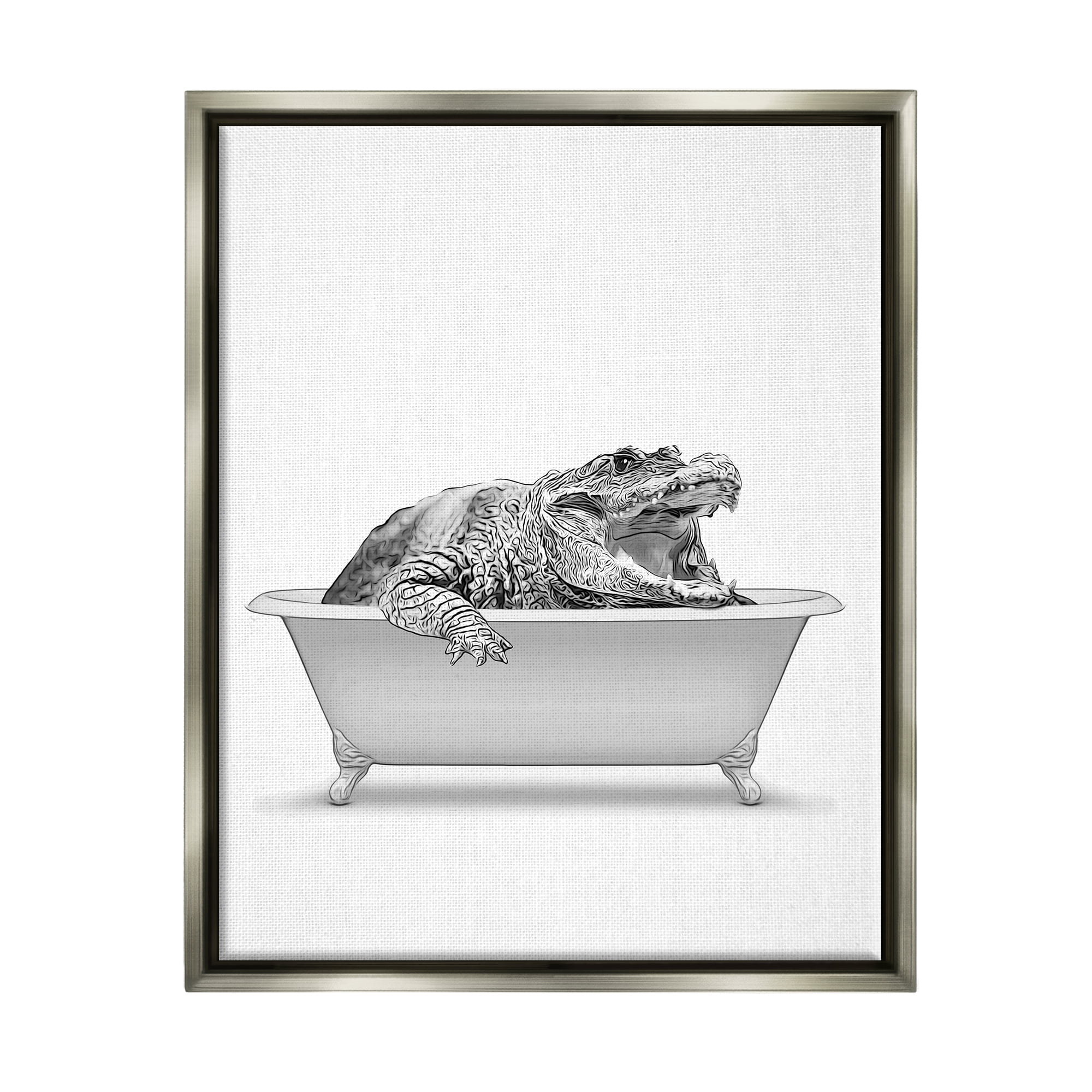 Stupell Industries Crocodile Bathroom Wildlife Tub Animals & Insects Painting Gray Floater Framed Art Print Wall Art