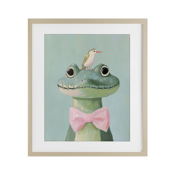 Stupell Industries Contemporary Crocodile & Bird with Bowtie Birch Framed Print Under Glass, 17 x 21, by The Prints Vibe