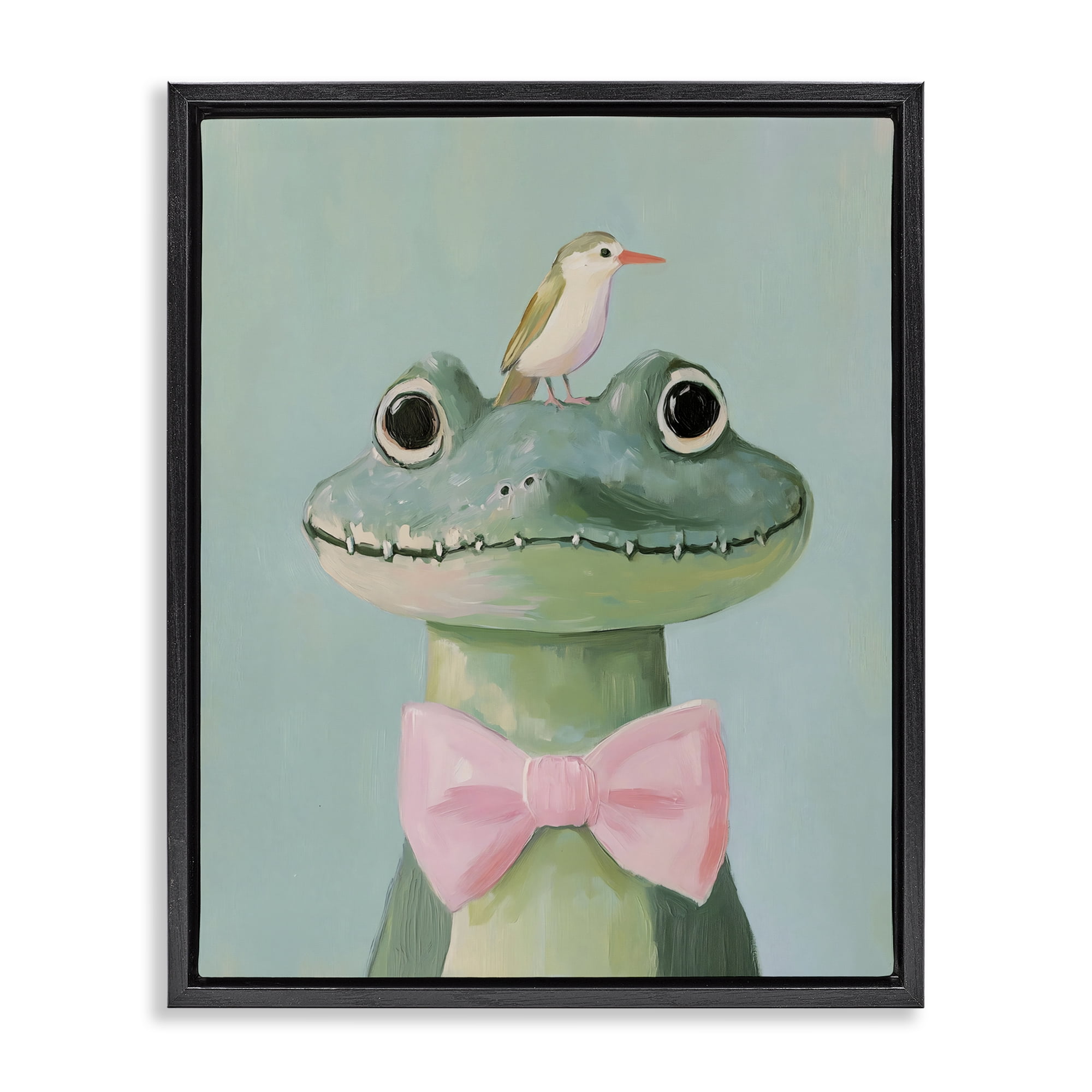 Stupell Industries Crocodile & Bird with Bowtie Black Framed Floater Canvas Wall Art, design by The Prints Vibe