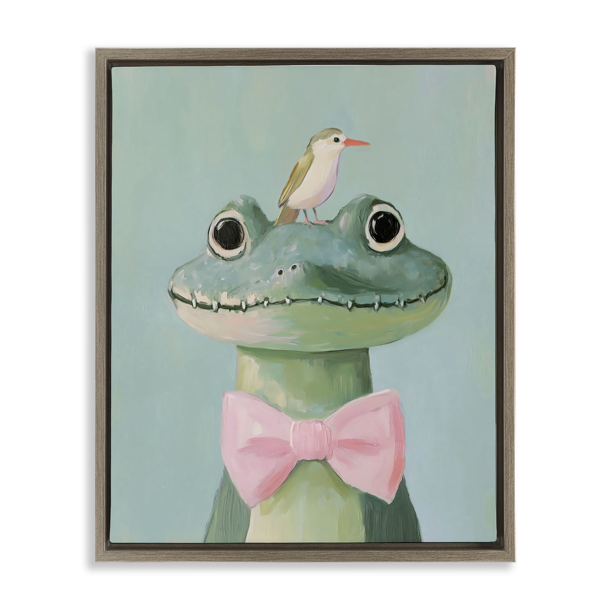 Stupell Industries Crocodile & Bird with Bowtie Brown Framed Floater Canvas Wall Art, design by The Prints Vibe