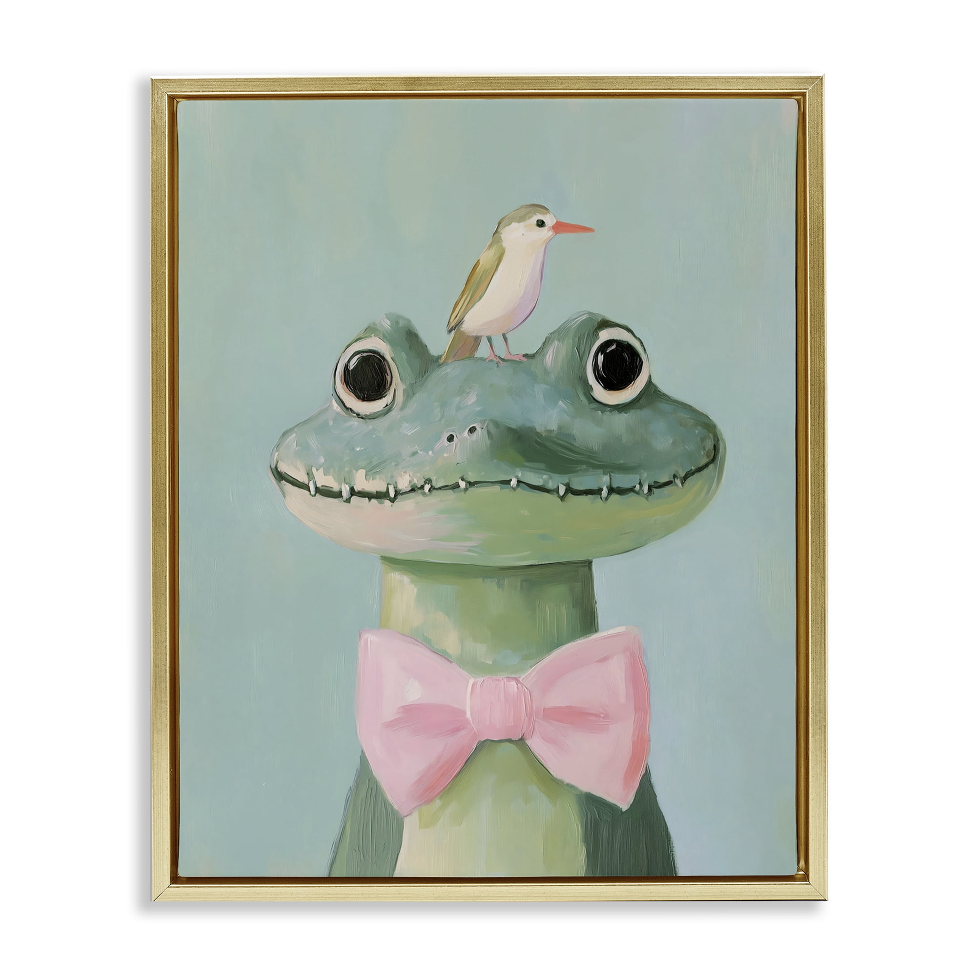 Stupell Industries Crocodile & Bird with Bowtie Gold Framed Floater Canvas Wall Art, design by The Prints Vibe
