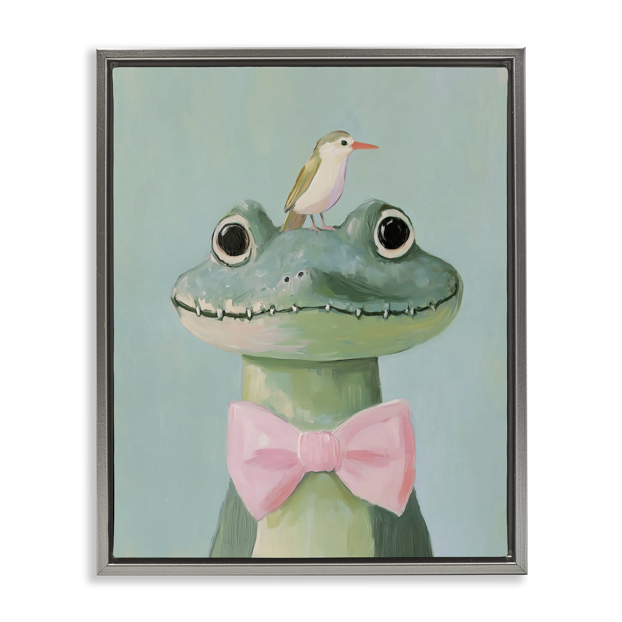 Stupell Industries Crocodile & Bird with Bowtie Gray Framed Floater Canvas Wall Art, design by The Prints Vibe