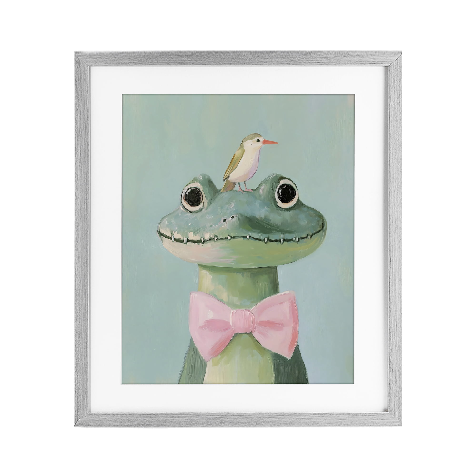 Stupell Industries Crocodile & Bird with Bowtie Gray Framed Print Under Glass, design by The Prints Vibe