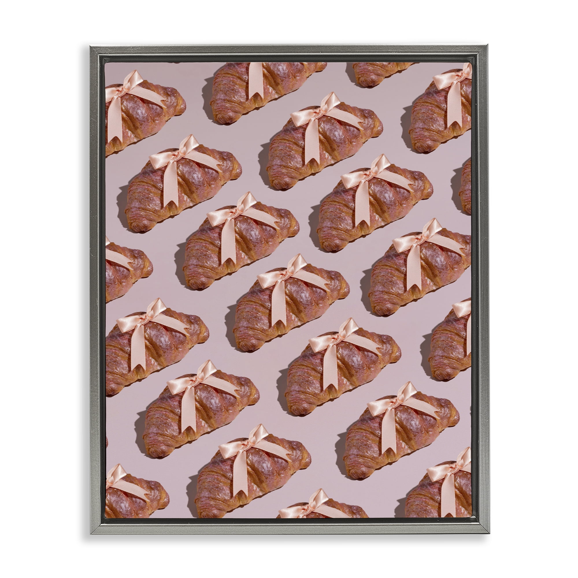 Stupell Industries Croissants with Ribbons Pattern Gray Framed Floater Canvas Wall Art, design by LISH Creative