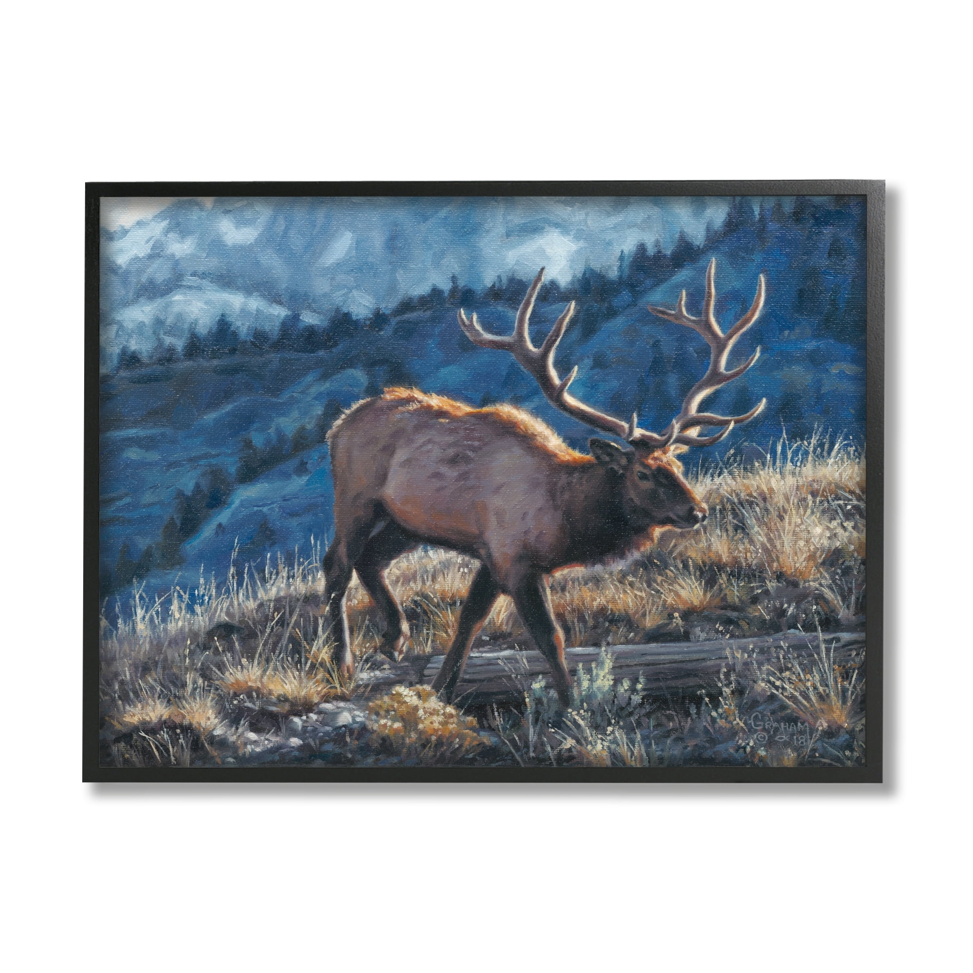 Stupell Industries Cross Country Elk Mountain View Animals & Insects Painting Black Framed Art Print Wall Art