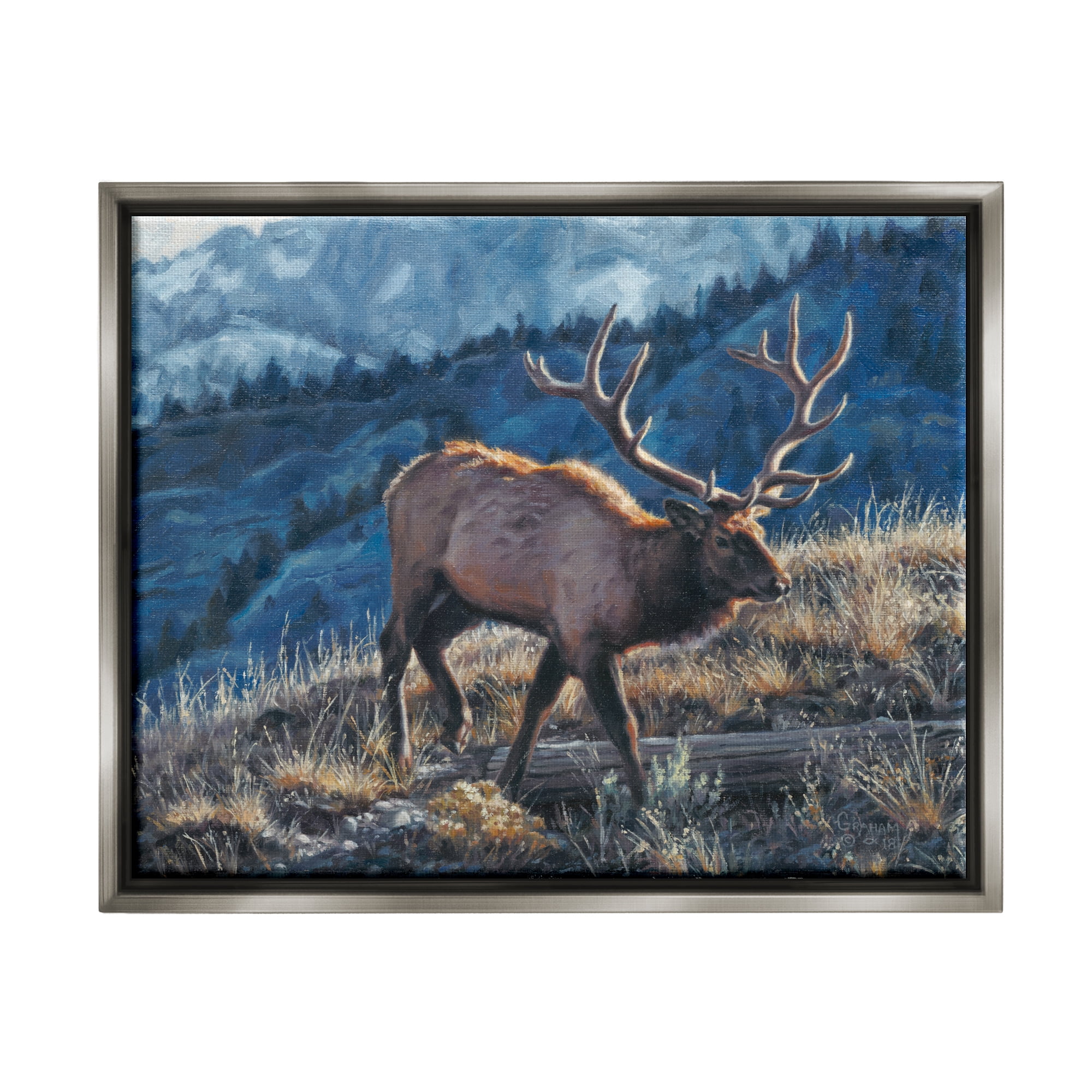 Stupell Industries Cross Country Elk Mountain View Animals & Insects Painting Gray Floater Framed Art Print Wall Art