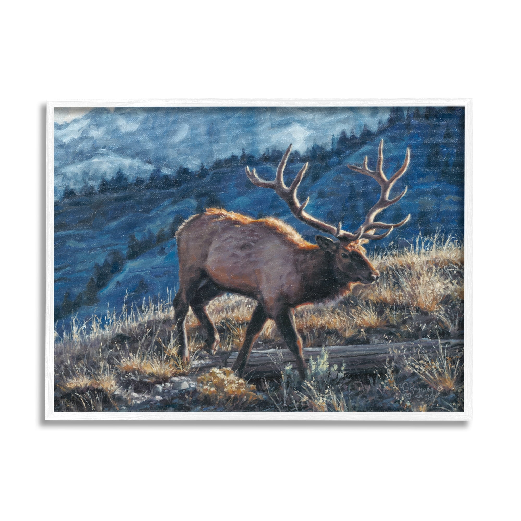Stupell Industries Cross Country Elk Mountain View Animals & Insects Painting White Framed Art Print Wall Art