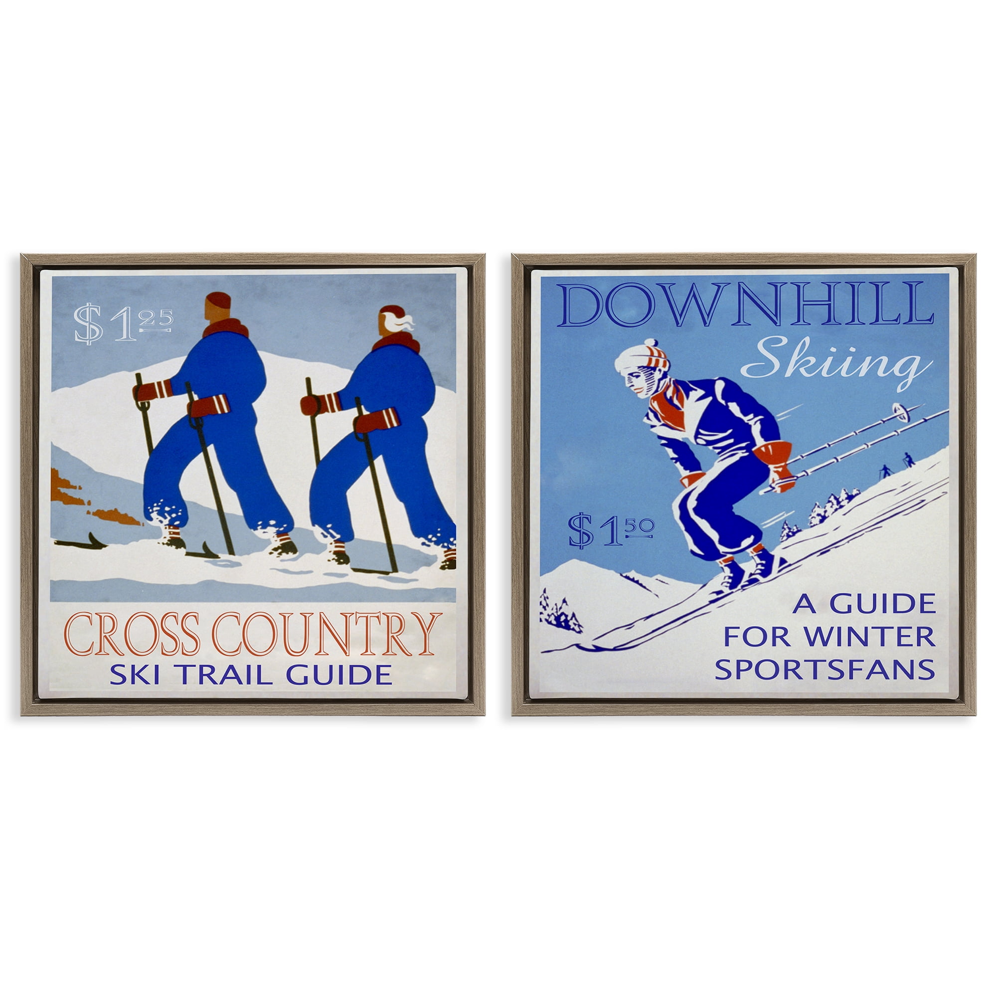 Stupell Industries Cross Country Skiing Posters Sports Painting Brown Floater Framed Canvas Art Print Wall Art, 18 x 18, Set of 2