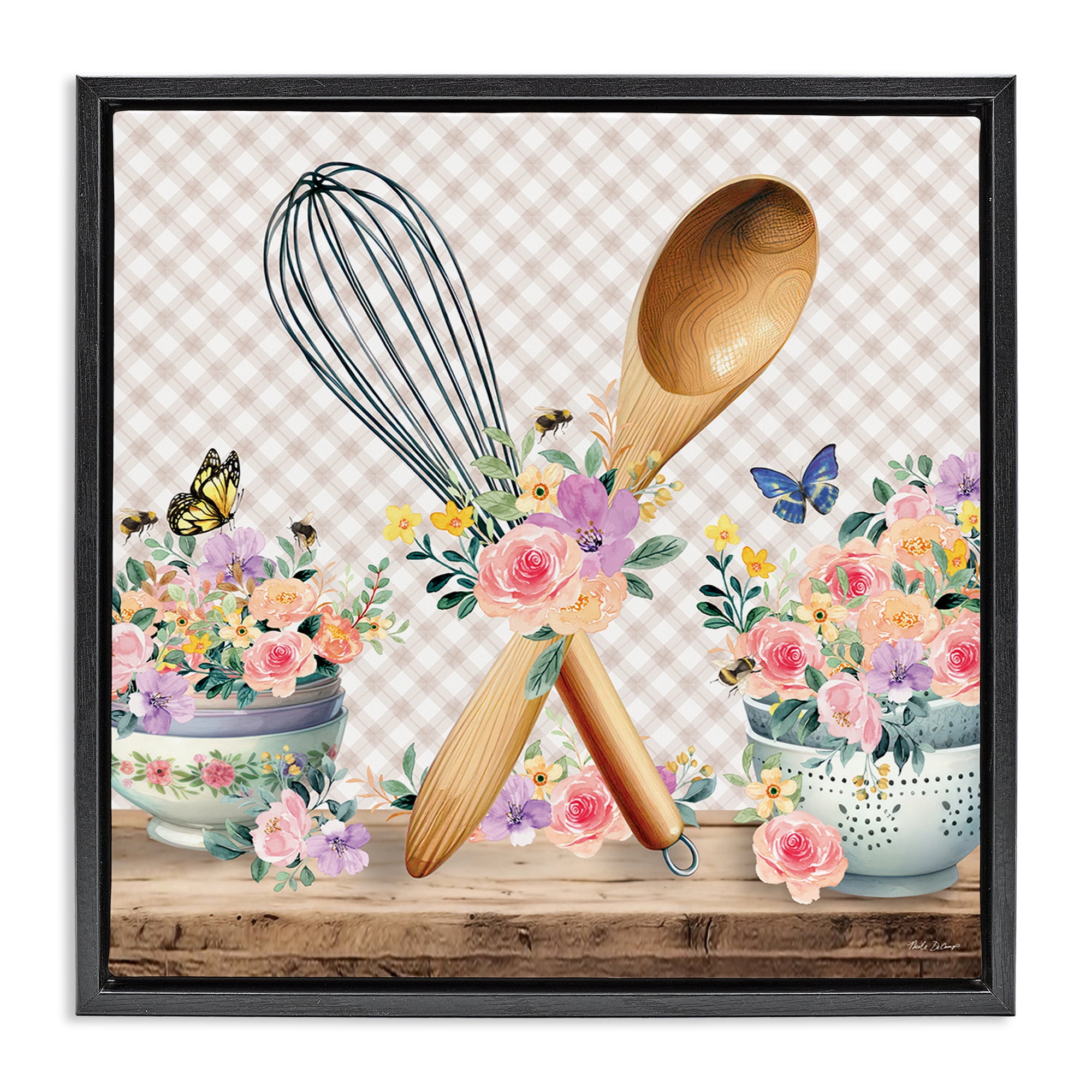 Stupell Industries Crossed Utensils on Gingham Food & Beverage Painting Black Floater Framed Canvas Art Print Wall Art, 18 x 18