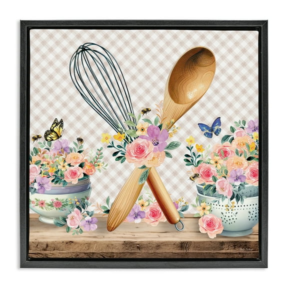 Stupell Industries Crossed Utensils on Gingham Food & Beverage Painting Black Floater Framed Canvas Art Print Wall Art, 18 x 18