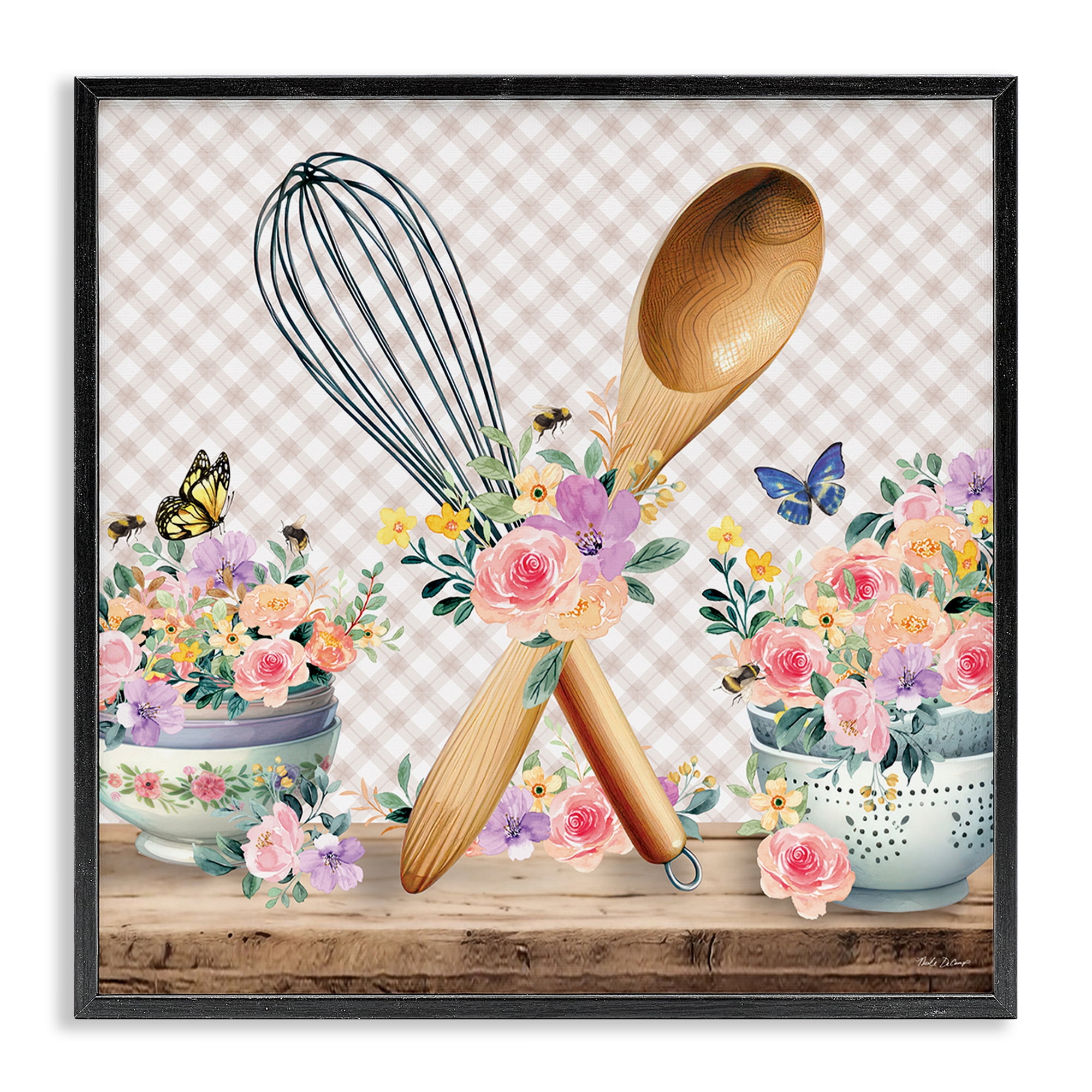Stupell Industries Crossed Utensils on Gingham Food & Beverage Painting Black Framed Art Print Wall Art, 24 x 24