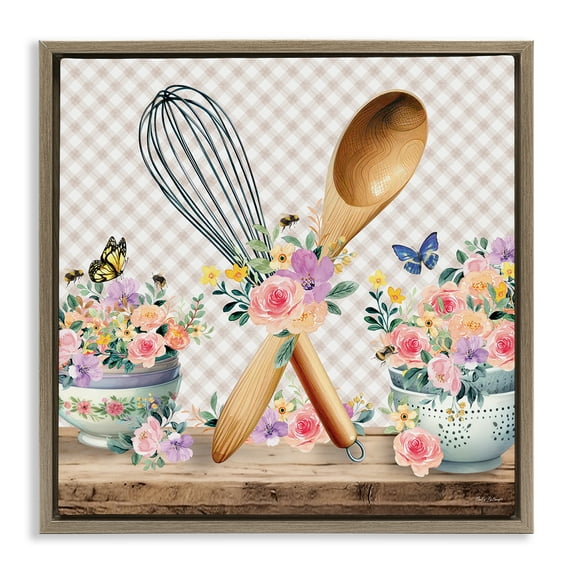 Stupell Industries Crossed Utensils on Gingham Food & Beverage Painting Brown Floater Framed Canvas Art Print Wall Art, 18 x 18