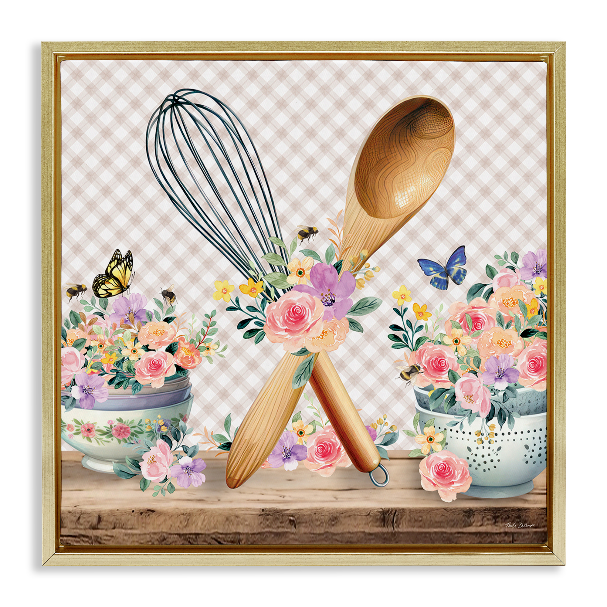 Stupell Industries Crossed Utensils on Gingham Food & Beverage Painting Gold Floater Framed Canvas Art Print Wall Art, 25 x 25
