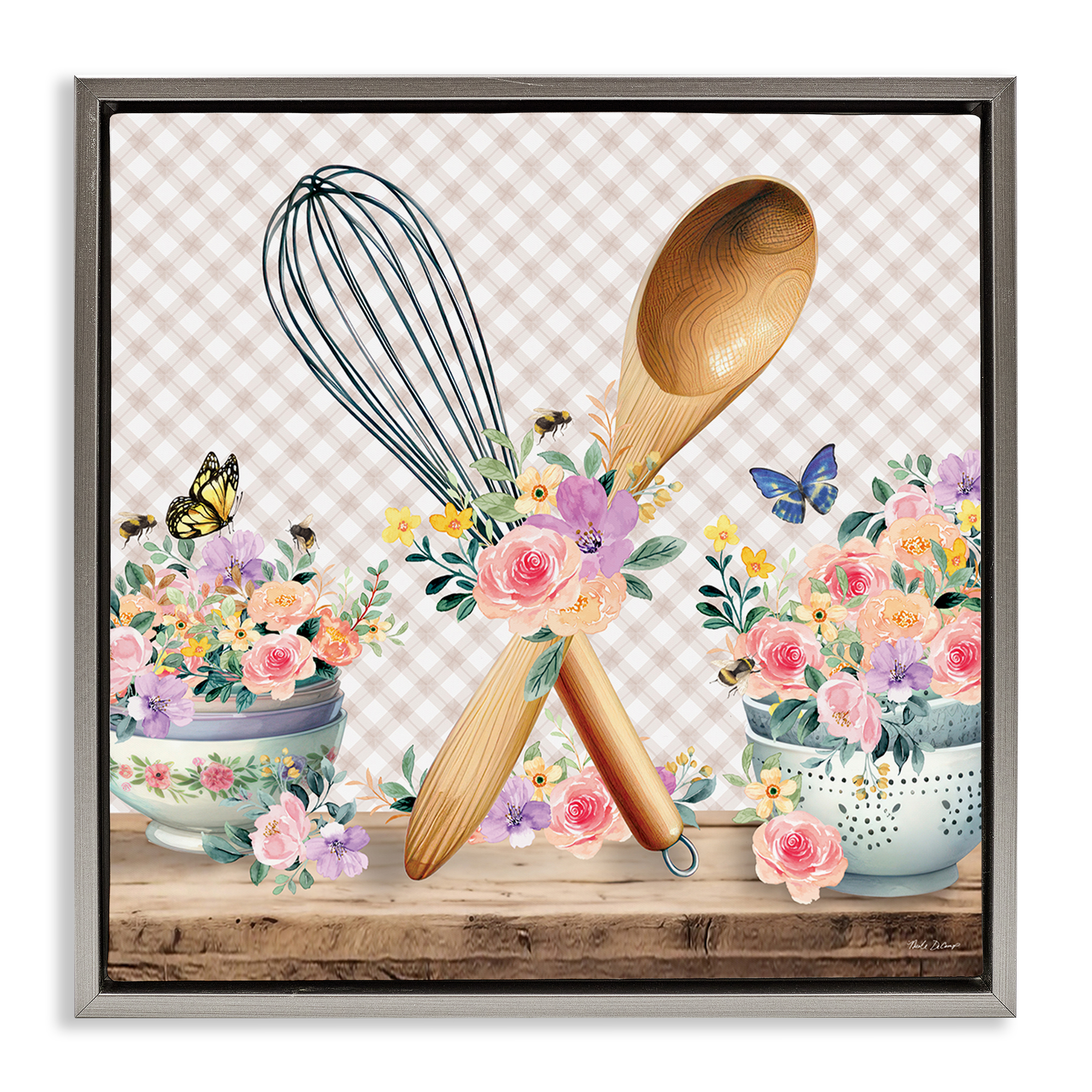 Stupell Industries Crossed Utensils on Gingham Food & Beverage Painting Gray Floater Framed Canvas Art Print Wall Art, 25 x 25