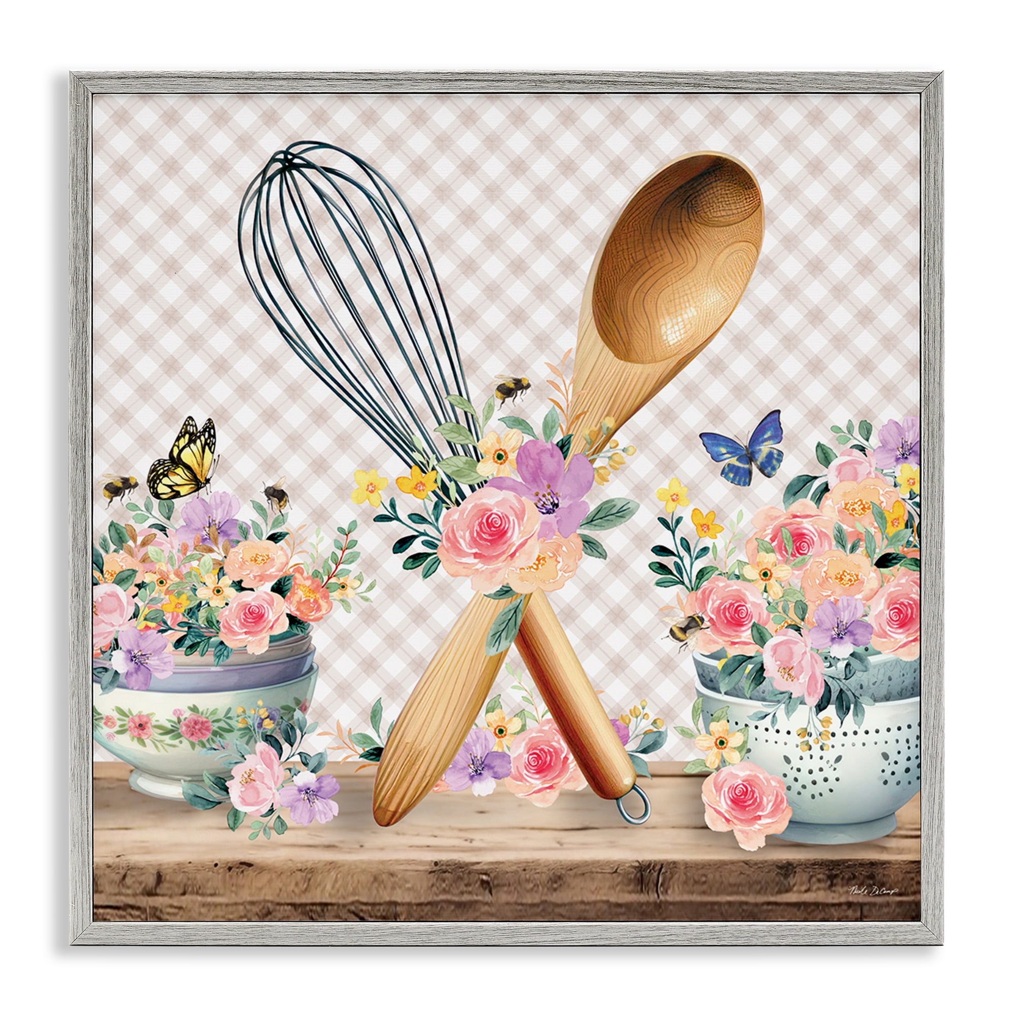 Stupell Industries Crossed Utensils on Gingham Food & Beverage Painting Gray Framed Art Print Wall Art, 12 x 12