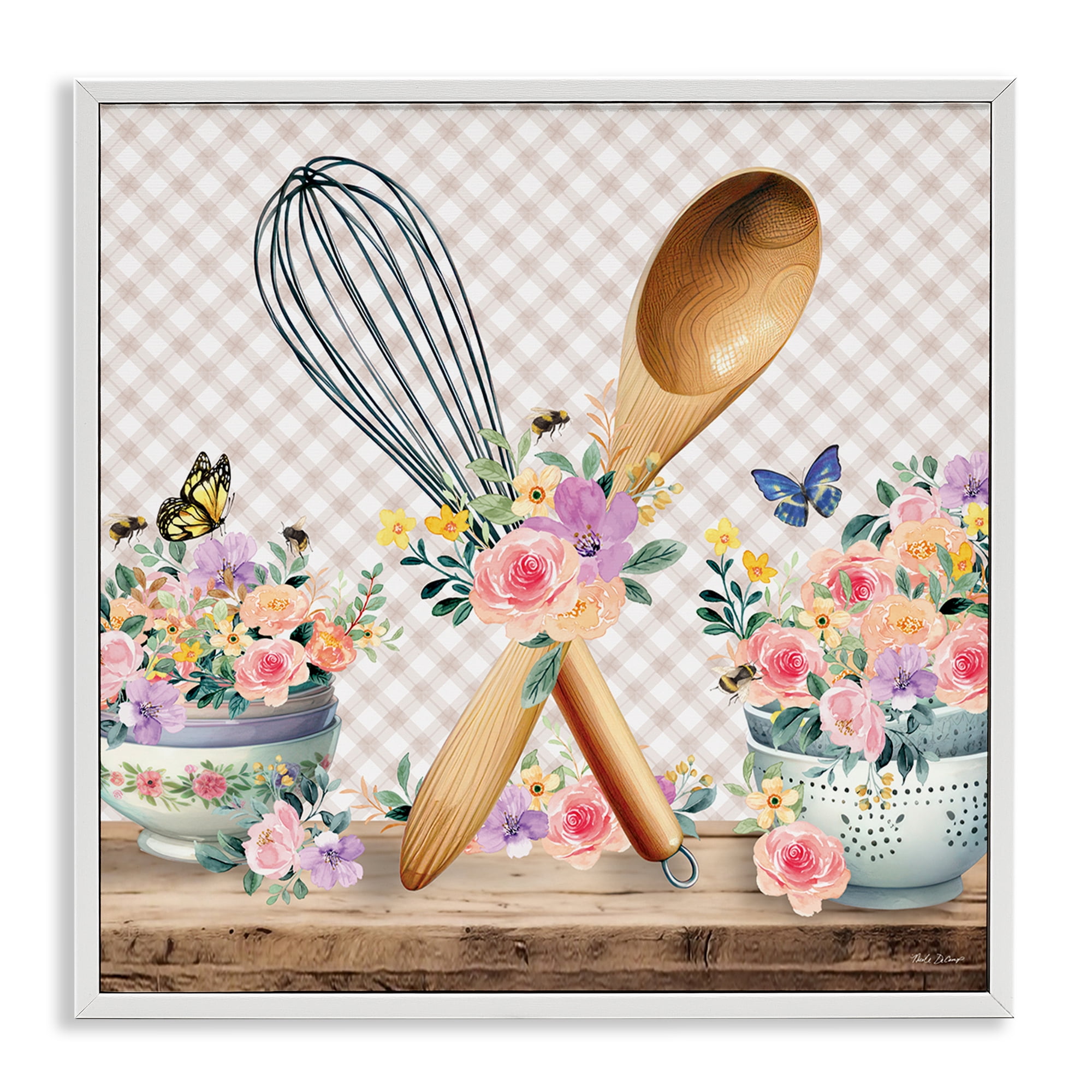 Stupell Industries Crossed Utensils on Gingham Food & Beverage Painting White Framed Art Print Wall Art, 12 x 12