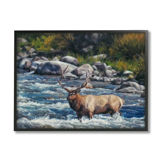 Stupell Industries Crossing The Rapids Elk Wildlife Animals & Insects Painting Black Framed Art Print Wall Art