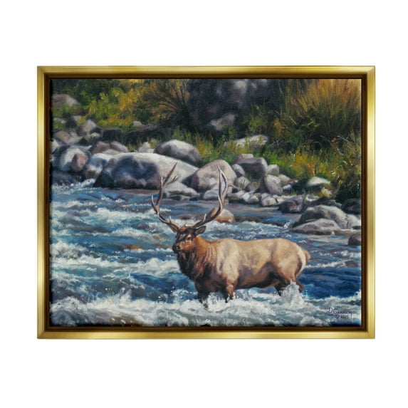 Stupell Industries Crossing The Rapids Elk Wildlife Animals & Insects Painting Gold Floater Framed Art Print Wall Art