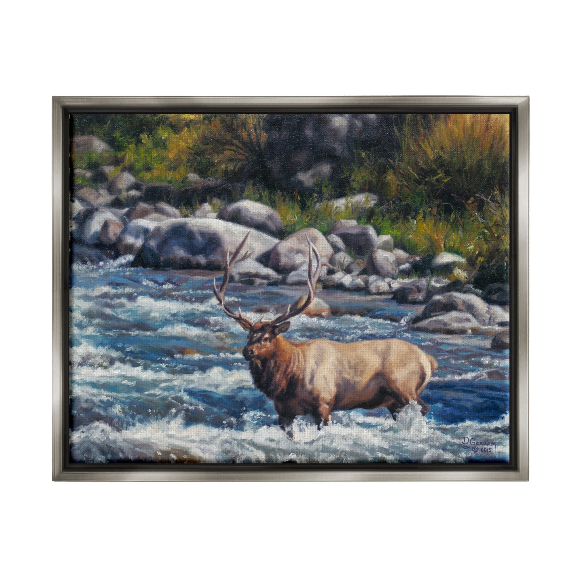 Stupell Industries Crossing The Rapids Elk Wildlife Animals & Insects Painting Gray Floater Framed Art Print Wall Art