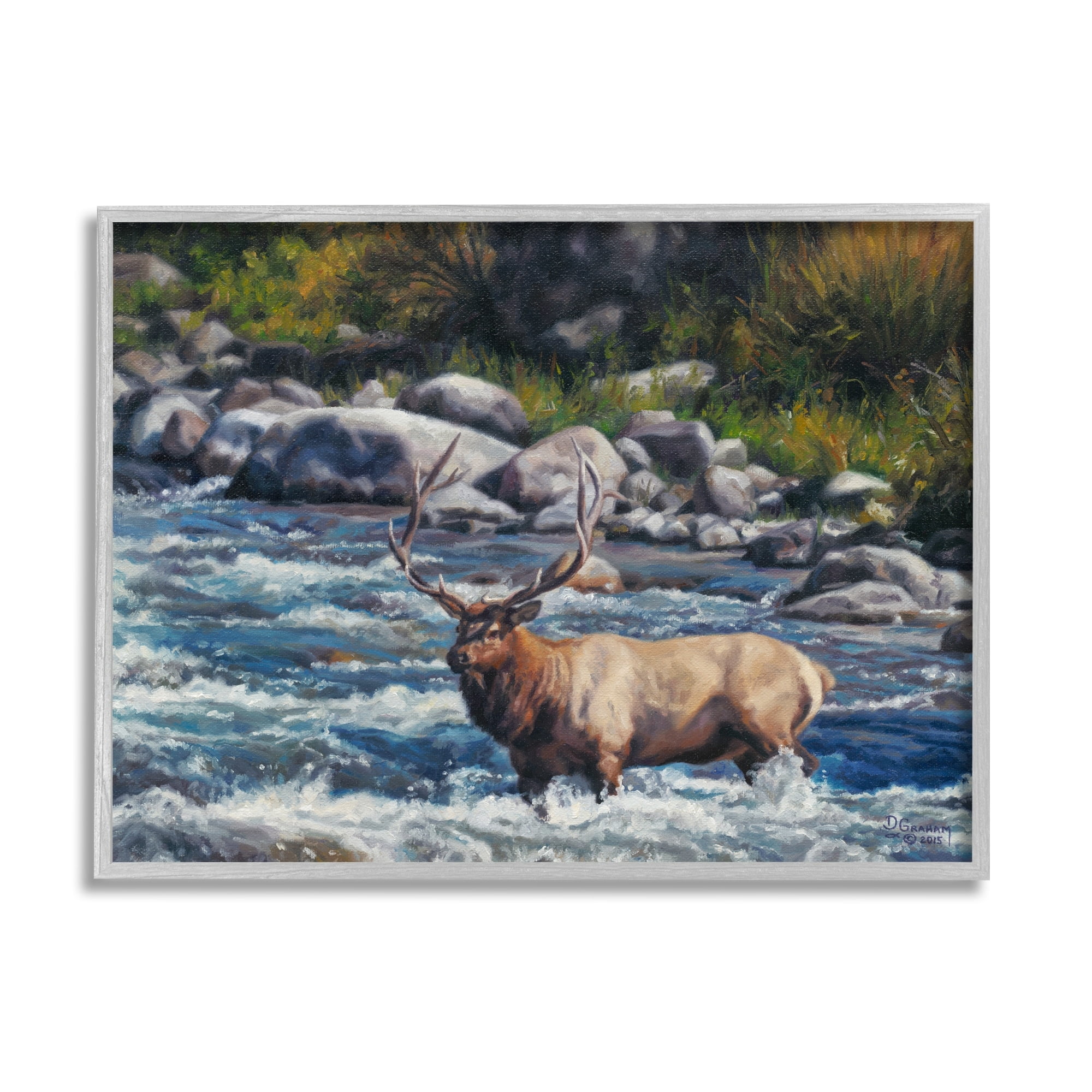Stupell Industries Crossing The Rapids Elk Wildlife Animals & Insects Painting Gray Framed Art Print Wall Art