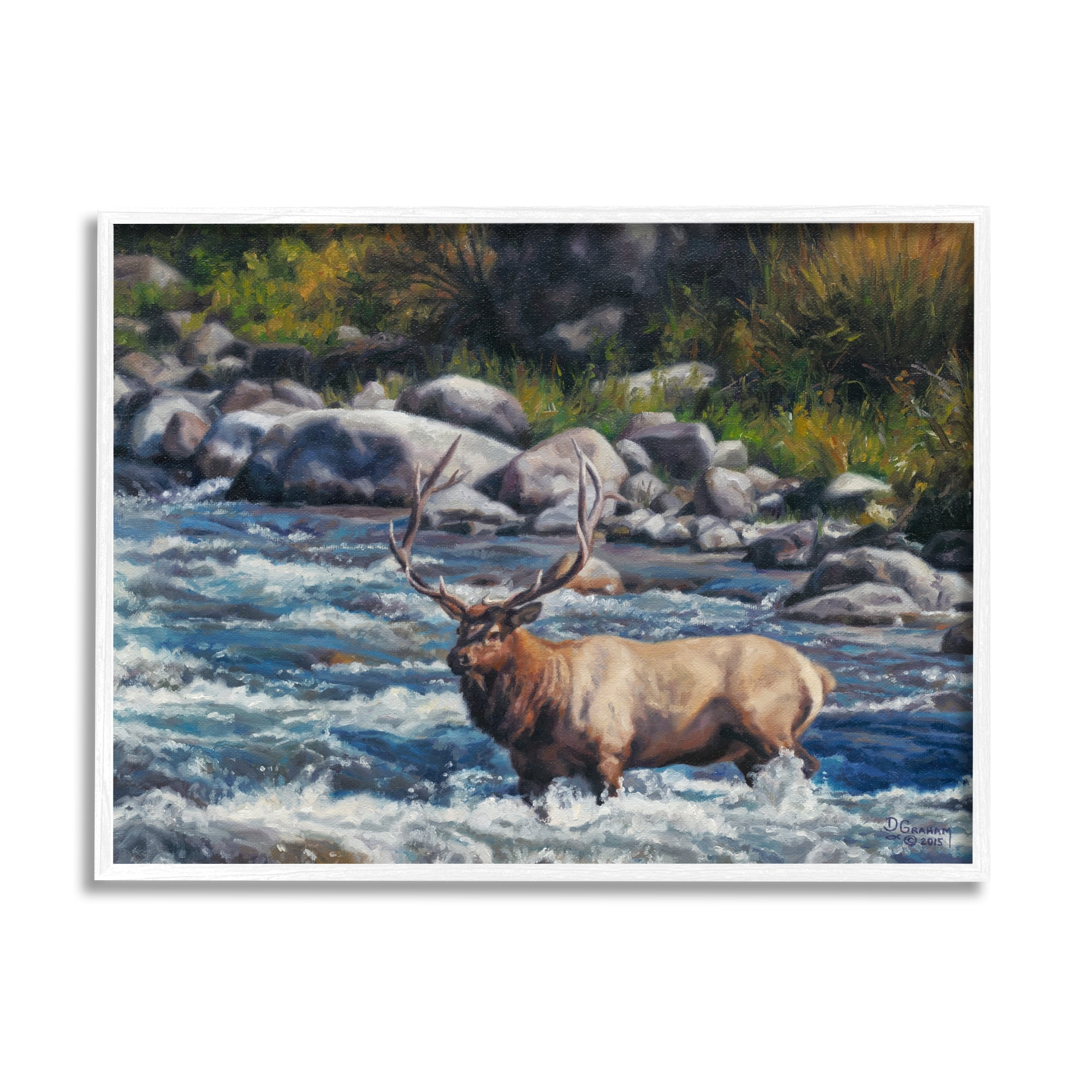 Stupell Industries Crossing The Rapids Elk Wildlife Animals & Insects Painting White Framed Art Print Wall Art