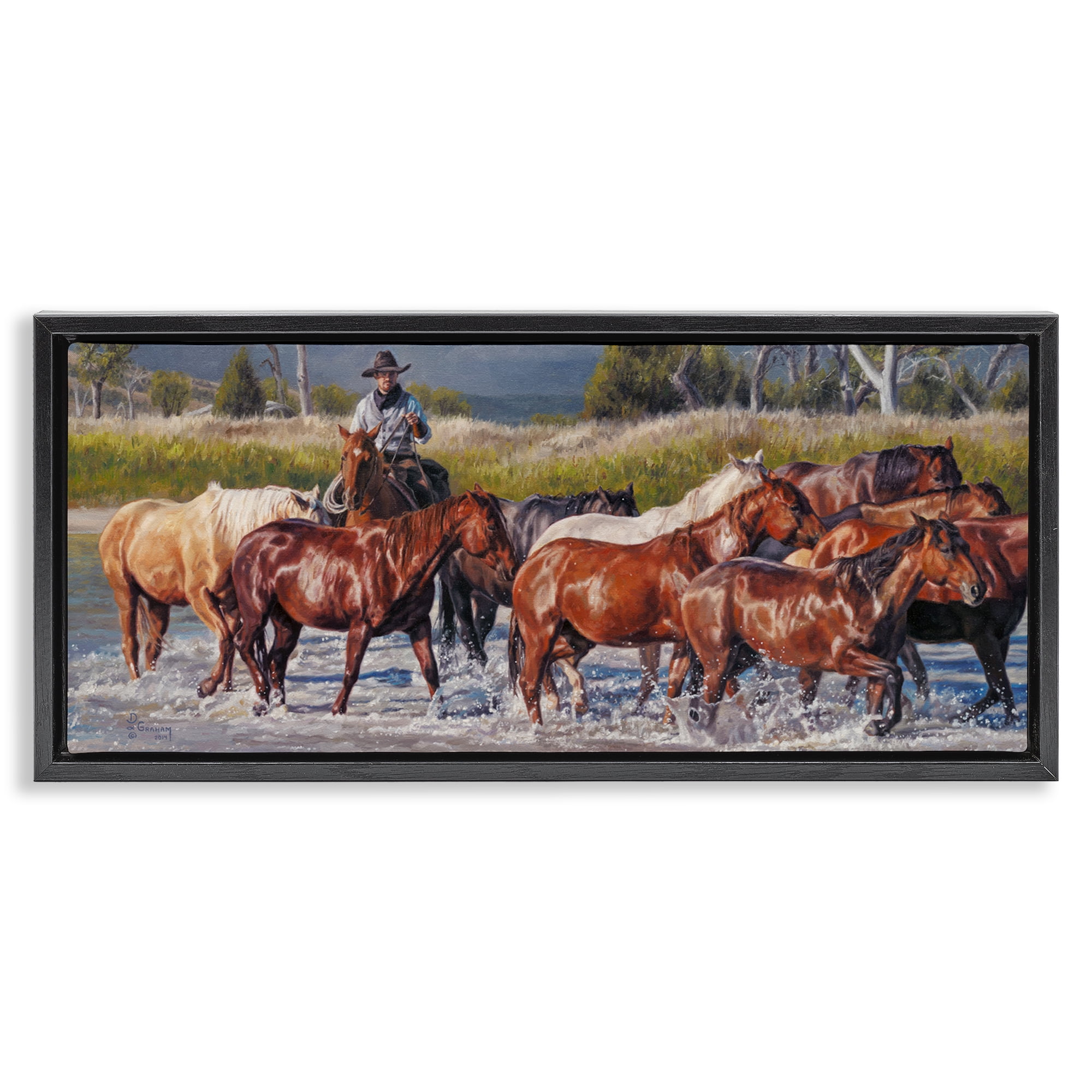 Stupell Industries Crossing The Remuda Animals & Insects Painting Black Floater Framed Canvas Art Print Wall Art, 31 x 14