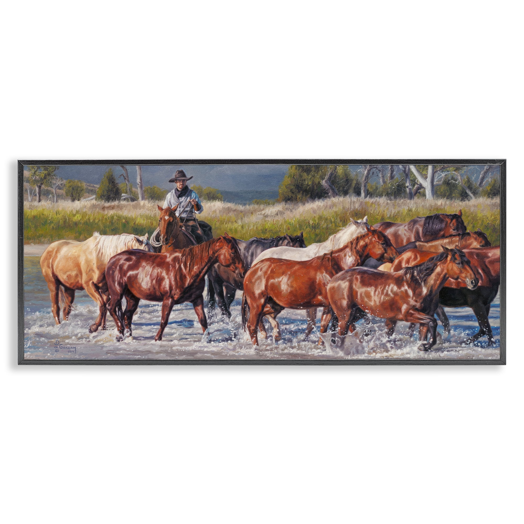 Stupell Industries Crossing The Remuda Animals & Insects Painting Black Framed Art Print Wall Art, 30 x 13