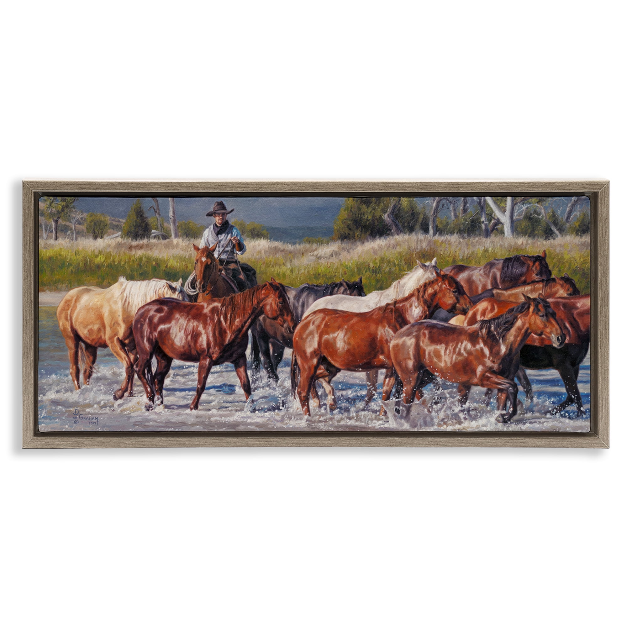 Stupell Industries Crossing The Remuda Animals & Insects Painting Brown Floater Framed Canvas Art Print Wall Art, 31 x 14