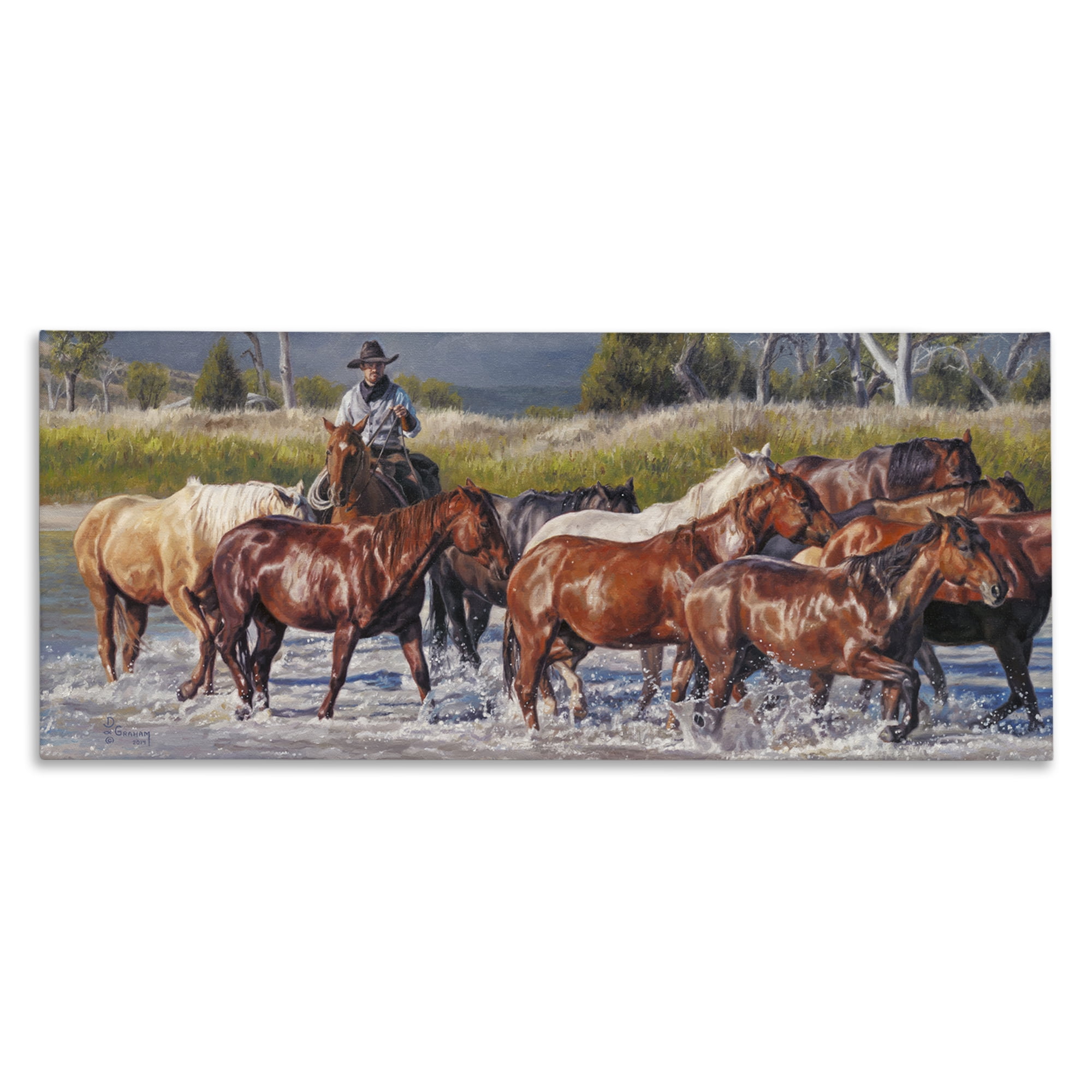 Stupell Industries Crossing The Remuda Animals & Insects Painting Gallery Wrapped Canvas Art Print Wall Art, 30 x 13