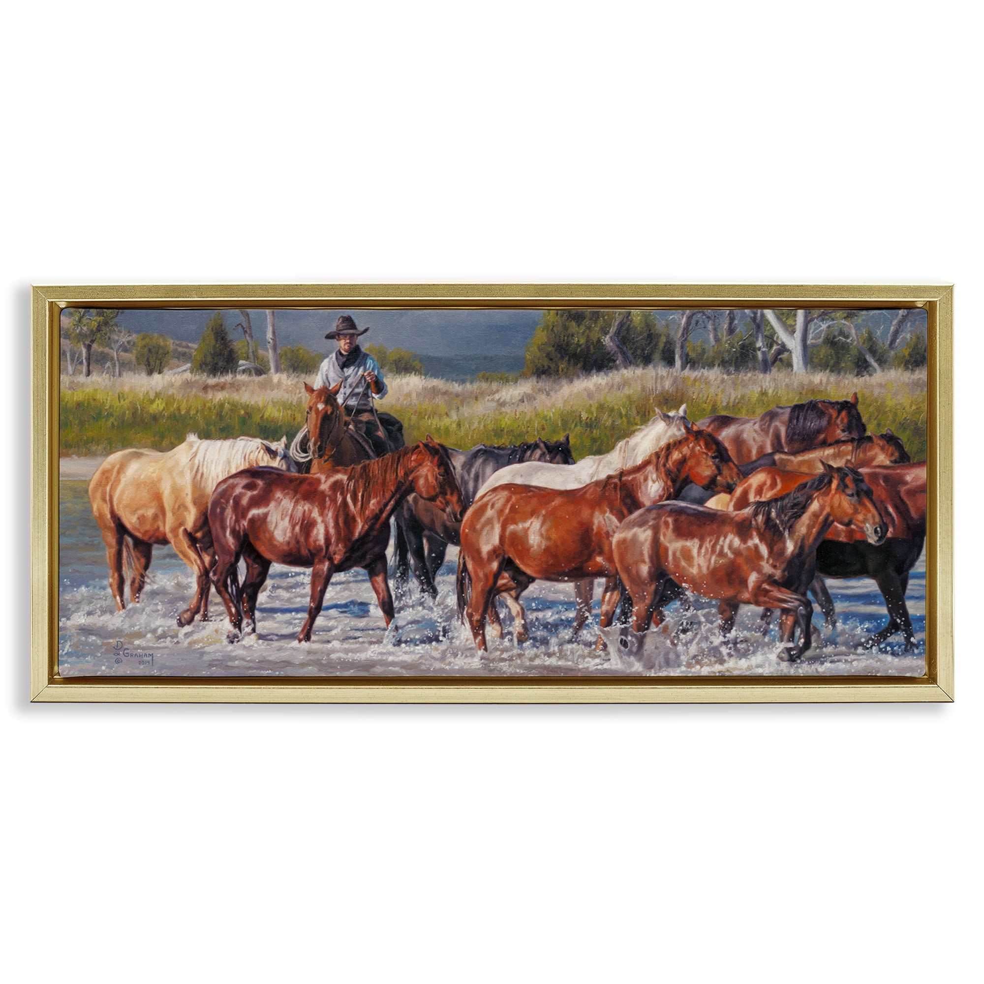 Stupell Industries Crossing The Remuda Animals & Insects Painting Gold Floater Framed Canvas Art Print Wall Art, 25 x 11