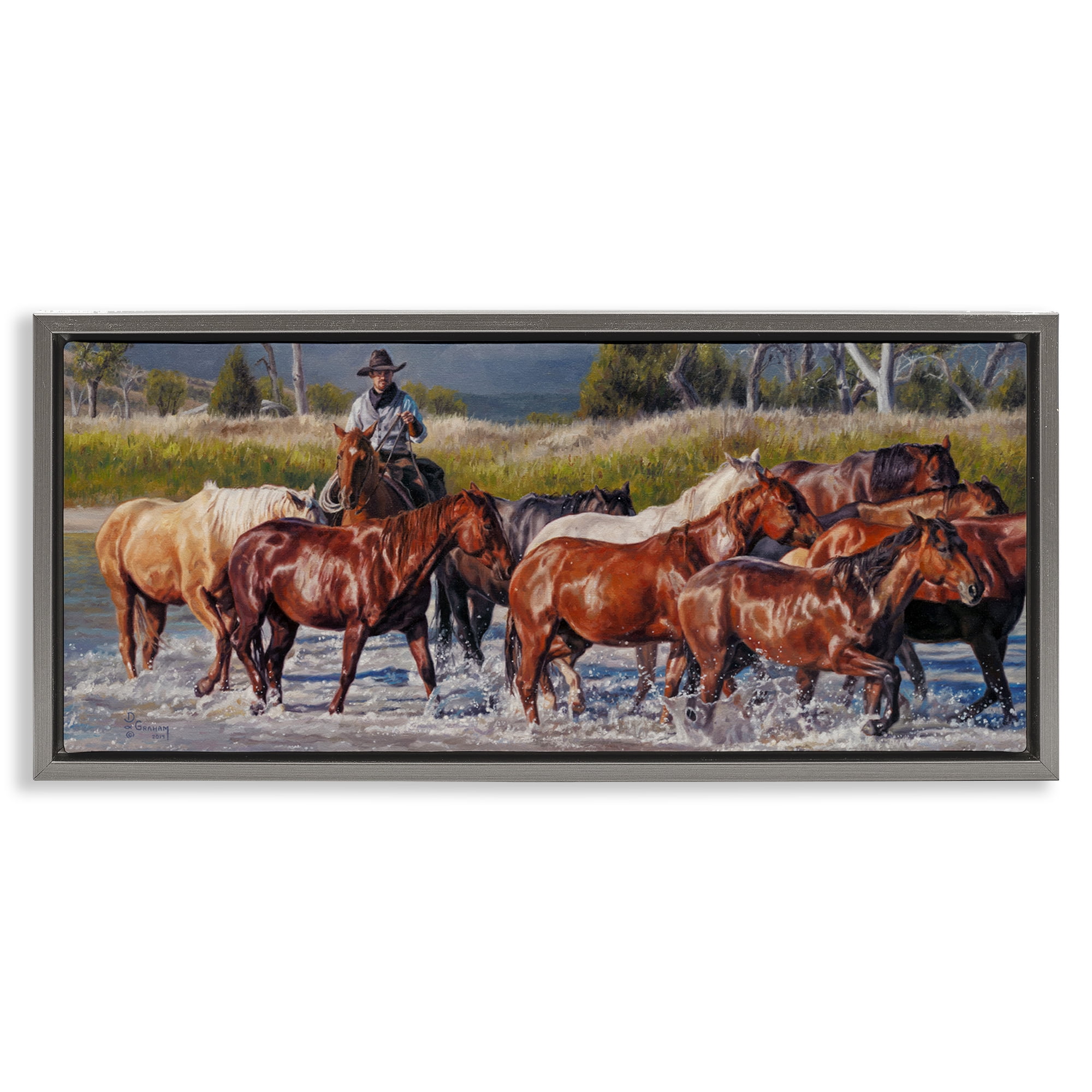 Stupell Industries Crossing The Remuda Animals & Insects Painting Gray Floater Framed Canvas Art Print Wall Art, 25 x 11