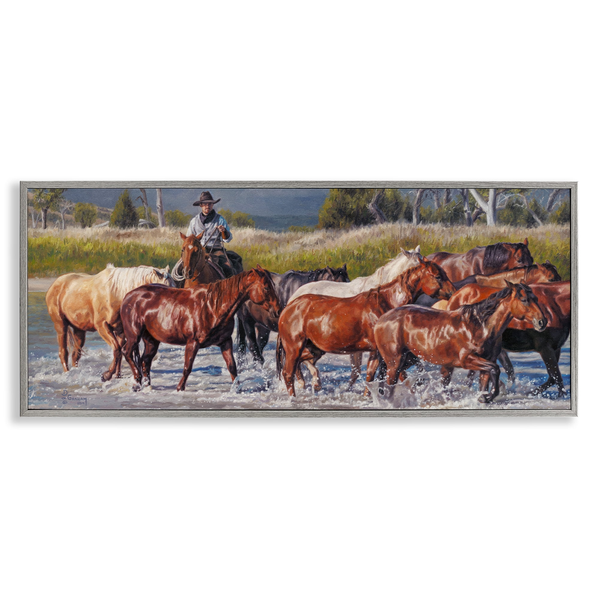 Stupell Industries Crossing The Remuda Animals & Insects Painting Gray Framed Art Print Wall Art, 30 x 13