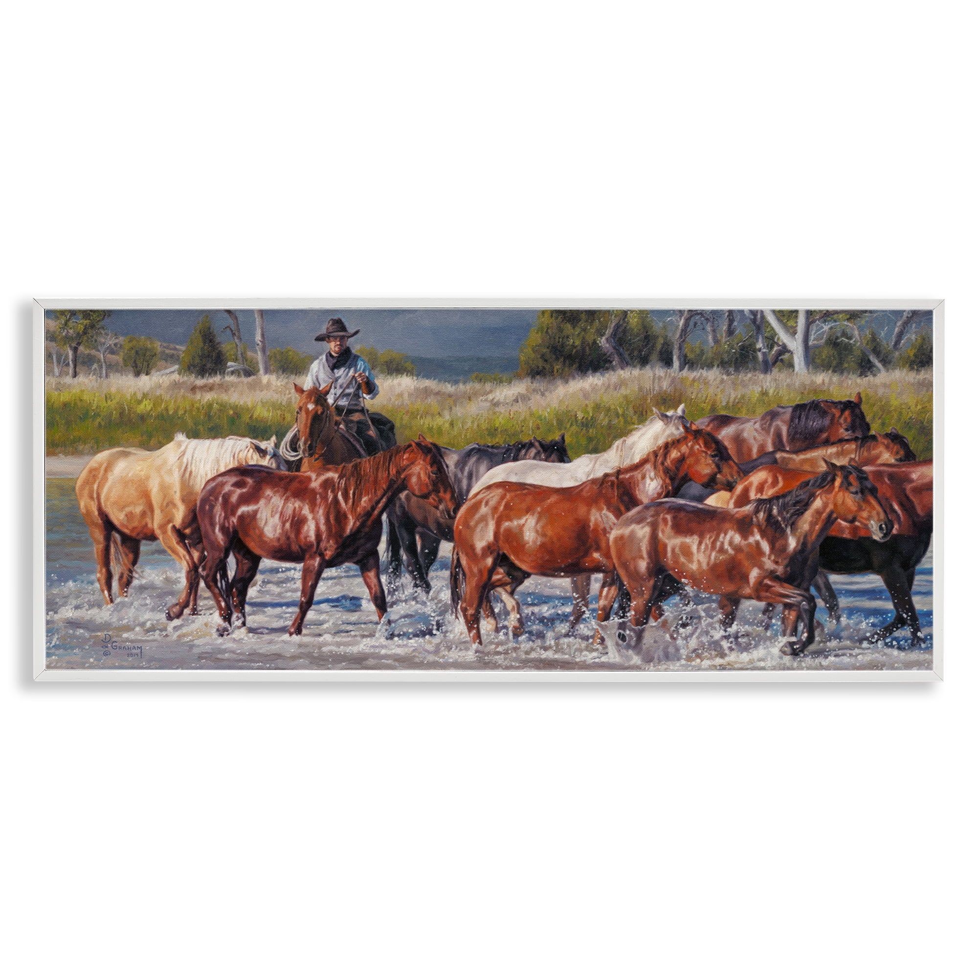 Stupell Industries Crossing The Remuda Animals & Insects Painting White Framed Art Print Wall Art, 24 x 10