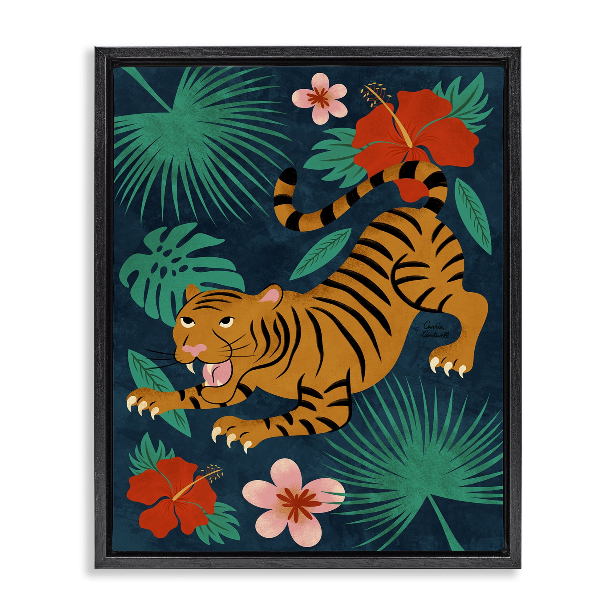 Stupell Industries Crouching Tiger Tropics Animals Painting Black Floater Framed Canvas Art Print Wall Art, 25 x 31