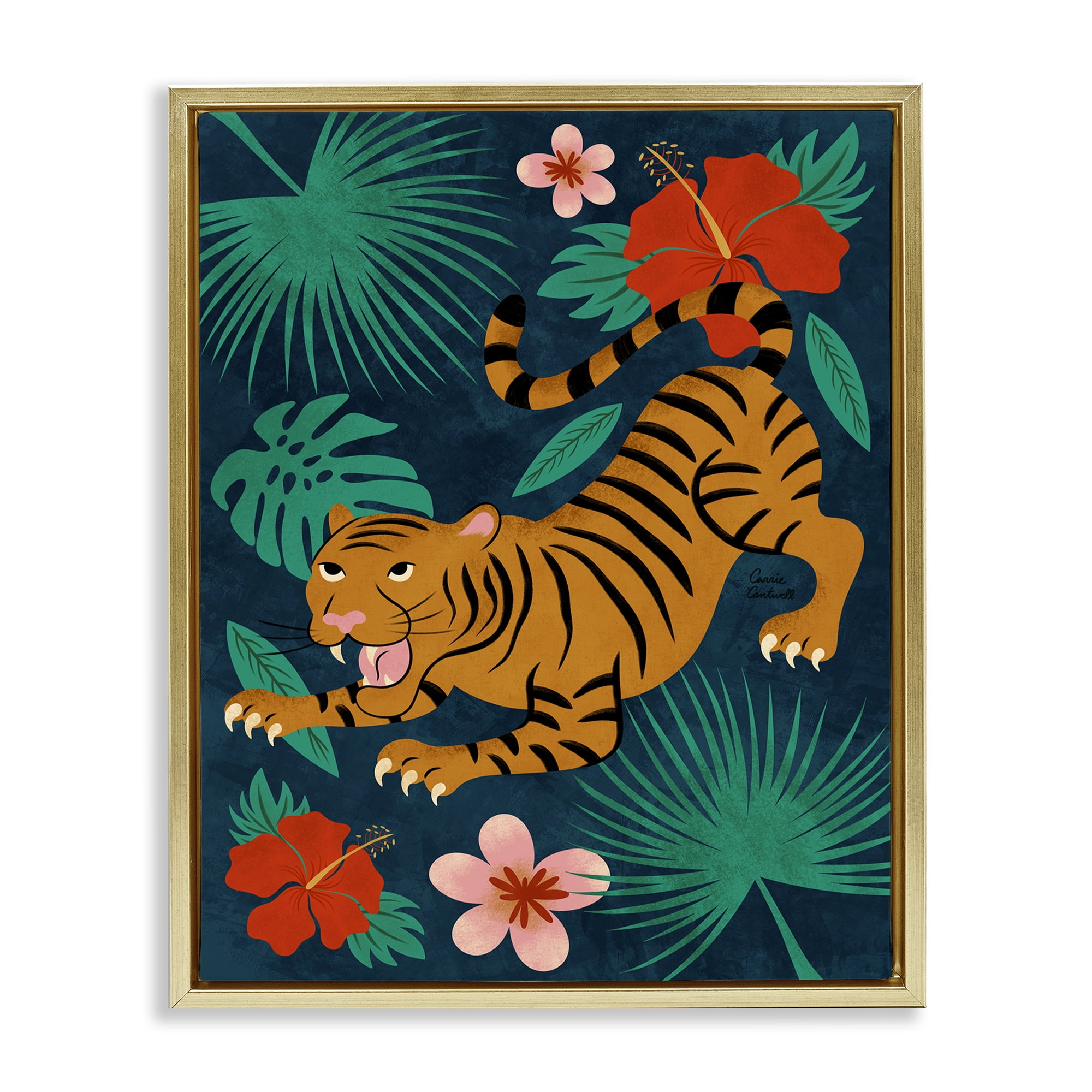 Stupell Industries Crouching Tiger Tropics Animals Painting Gold Floater Framed Canvas Art Print Wall Art, 17 x 21