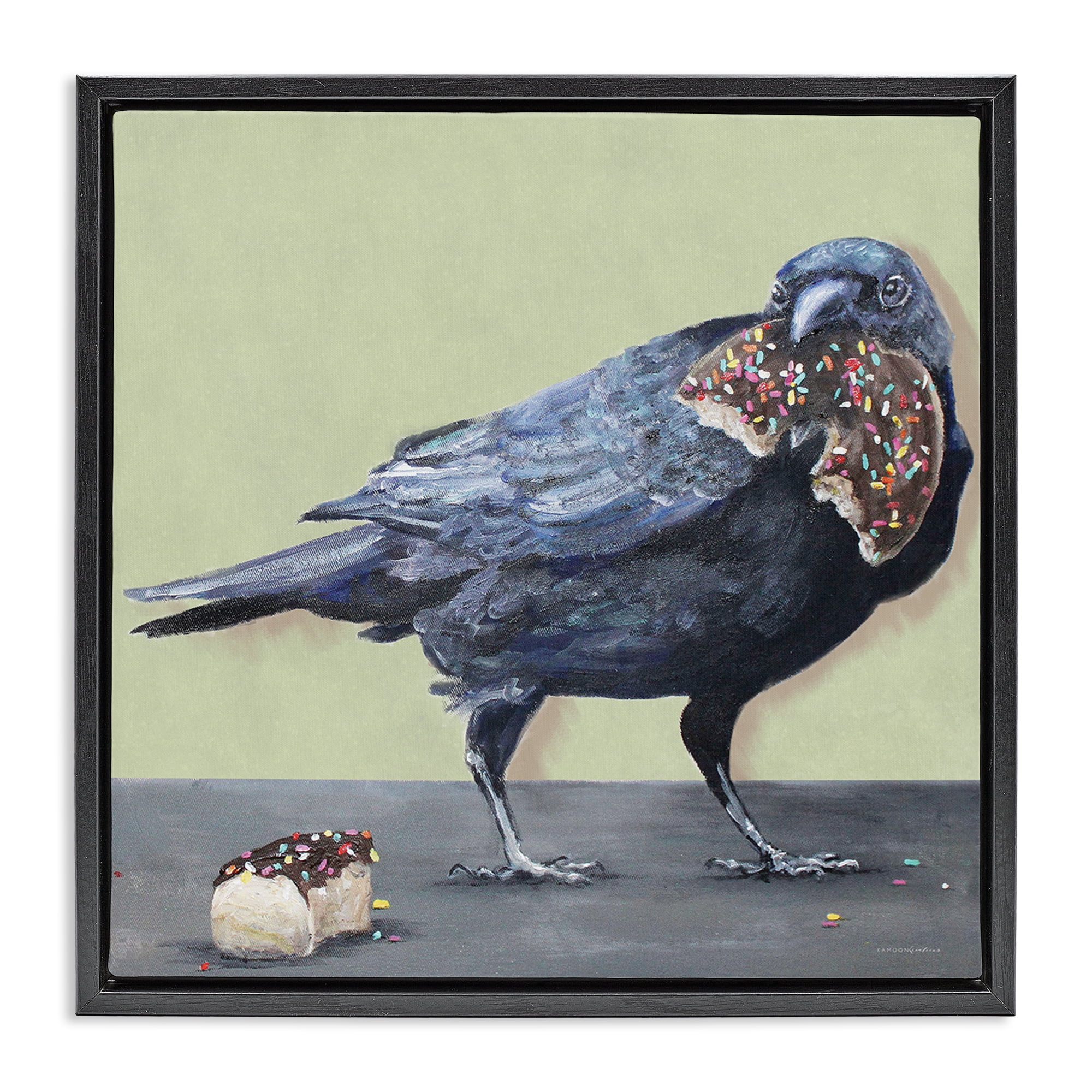 Stupell Industries Crow Eating Donut Food & Beverage Painting Black Floater Framed Canvas Art Print Wall Art, 25 x 25