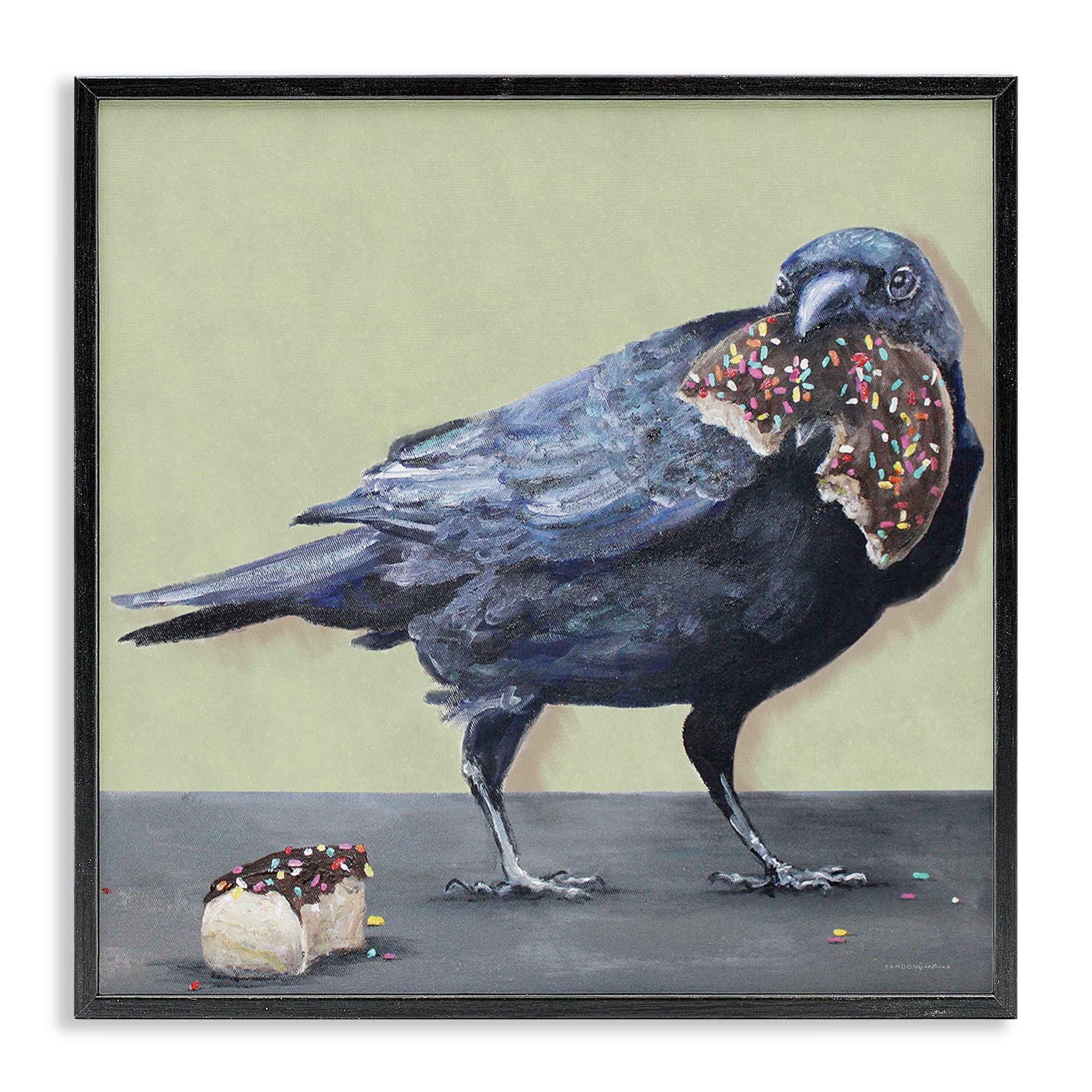 Stupell Industries Crow Eating Donut Food & Beverage Painting Black Framed Art Print Wall Art, 17 x 17