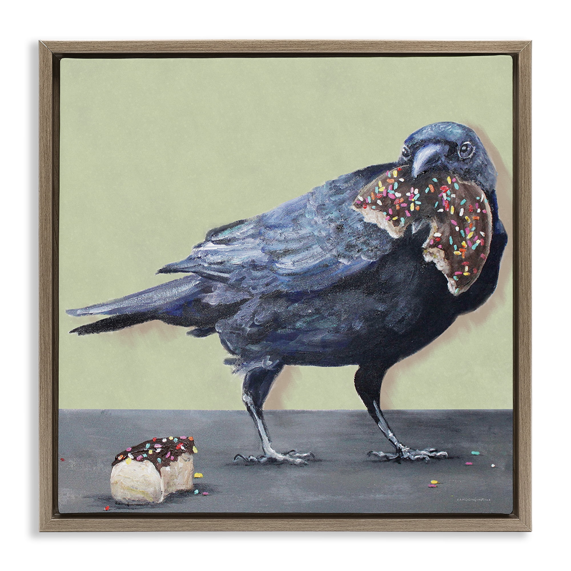 Stupell Industries Crow Eating Donut Food & Beverage Painting Brown Floater Framed Canvas Art Print Wall Art, 25 x 25