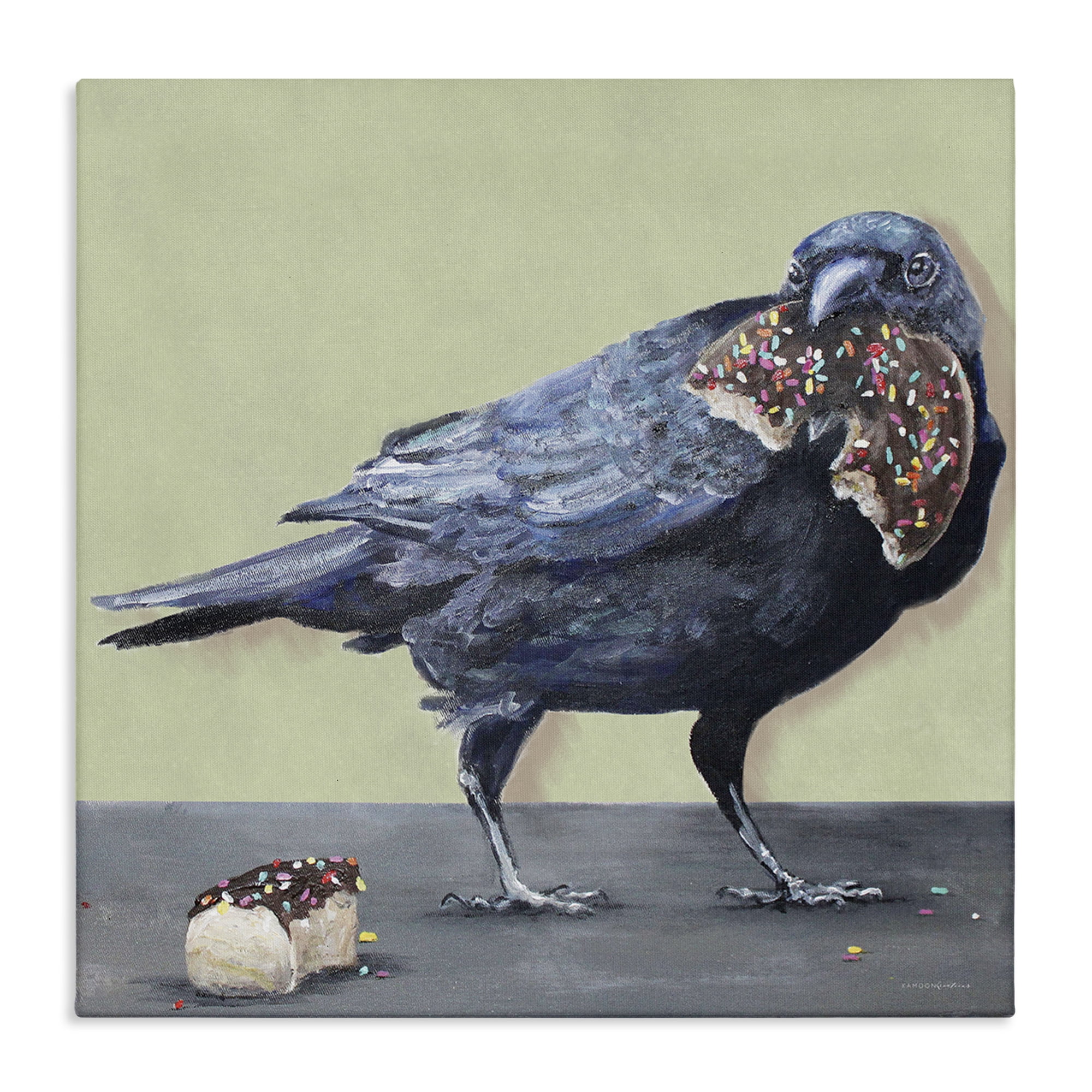 Stupell Industries Crow Eating Donut Food & Beverage Painting Gallery Wrapped Canvas Art Print Wall Art, 17 x 17