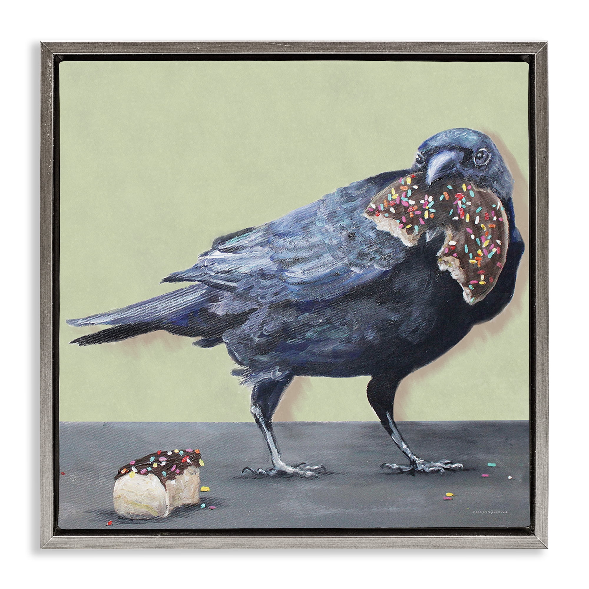 Stupell Industries Crow Eating Donut Food & Beverage Painting Gray Floater Framed Canvas Art Print Wall Art, 18 x 18